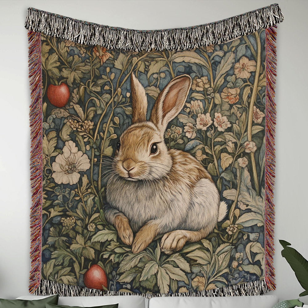 Vintage Rabbit Throw Blanket, Woodland Bunny Woven Blanket, Cozy Grandma Reading Blanket, Picnic Blanket, Living Room Couch Bed Blanket