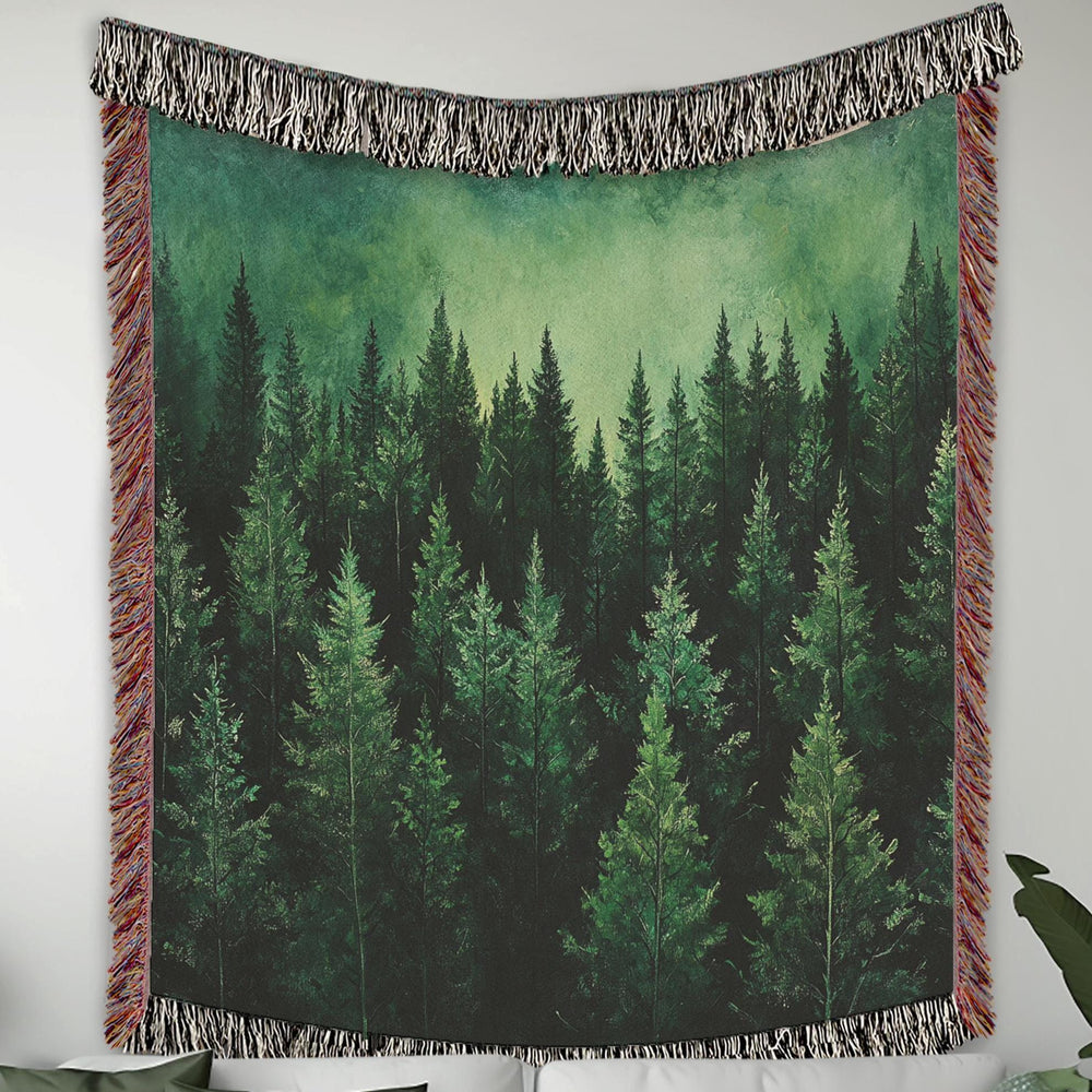 Woodland Woven Throw Blanket, Cotton Woven Blanket, Cozy Picnic Blanket, Nature-Inspired Blanket, Green Forest Blanket, Gift for Mom