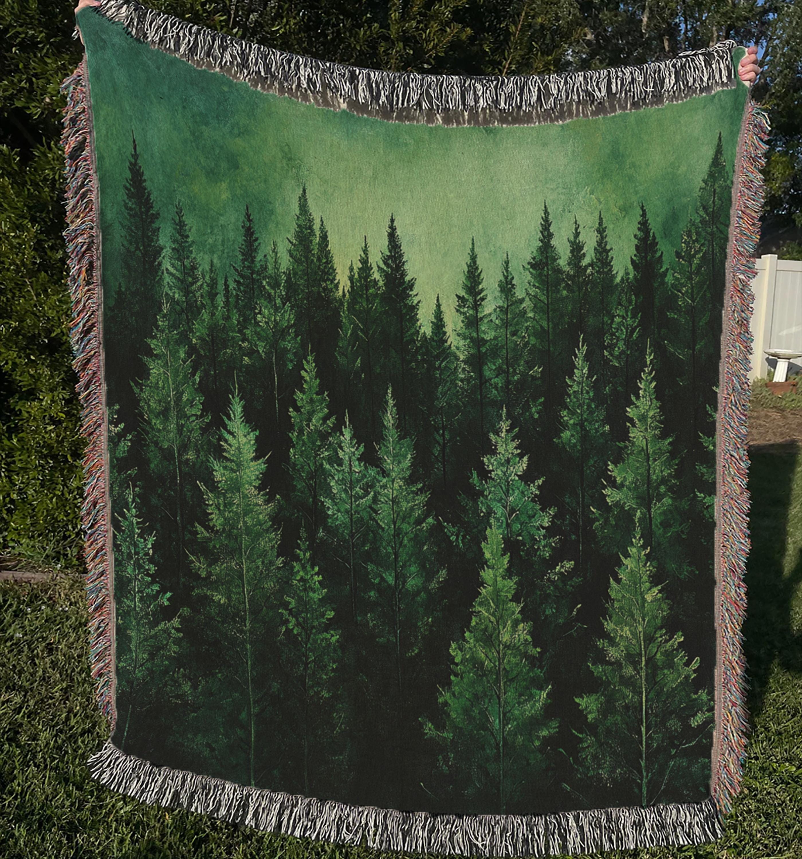 Woodland Woven Throw Blanket, Cotton Woven Blanket, Cozy Picnic Blanket, Nature-Inspired Blanket, Green Forest Blanket, Gift for Mom