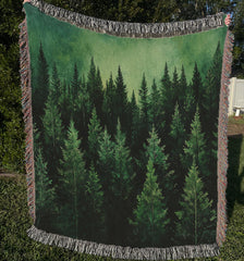 Woodland Woven Throw Blanket, Cotton Woven Blanket, Cozy Picnic Blanket, Nature-Inspired Blanket, Green Forest Blanket, Gift for Mom
