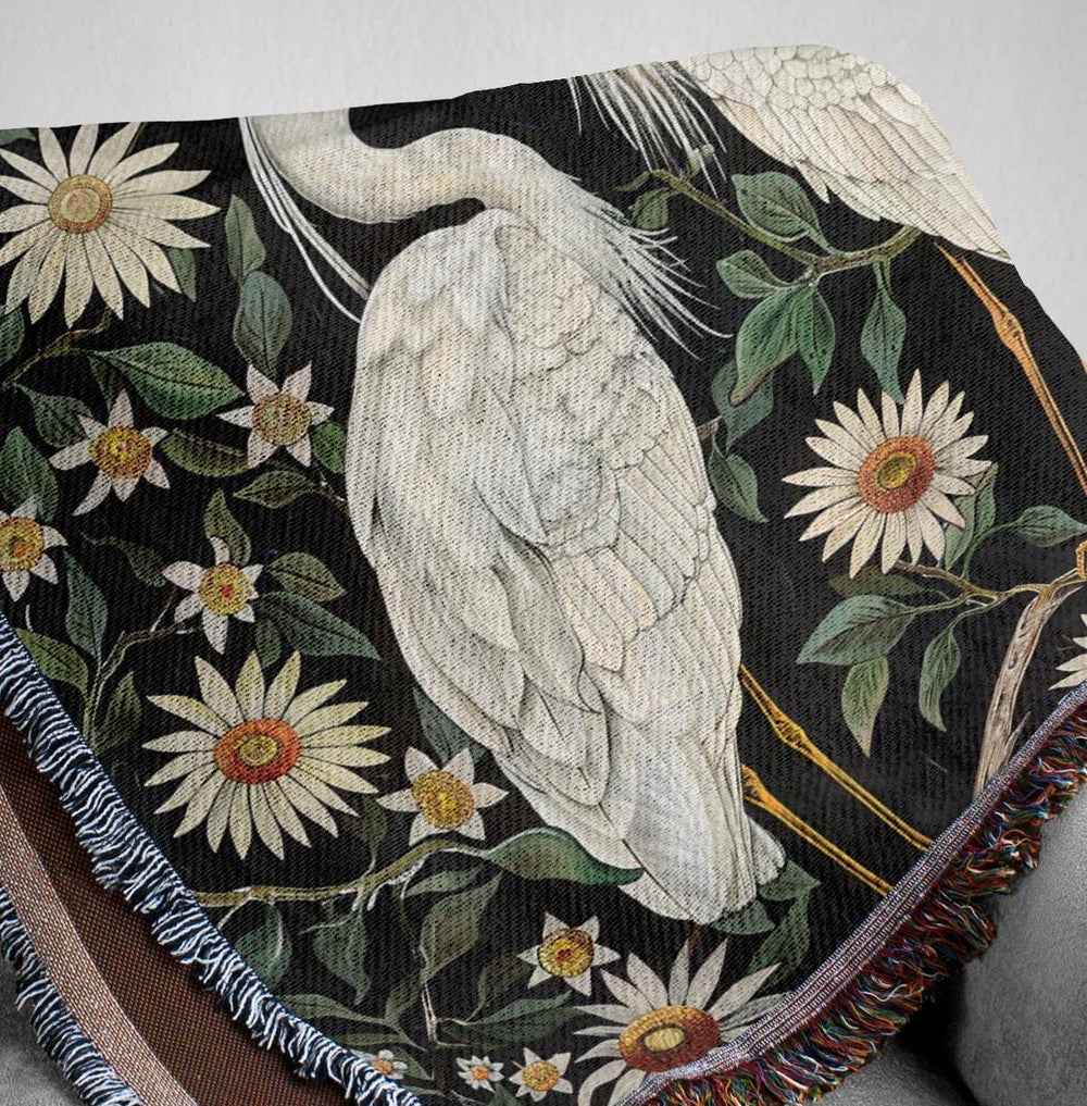 Vintage Egret Throw Blanket, William Morris Inspired Blanket, Reading Blanket, Coastal Bed Blanket, Blanket for Movie Night, Picnic Blanket
