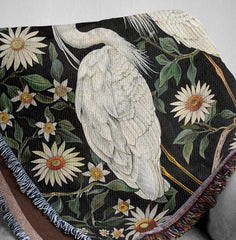 Vintage Egret Throw Blanket, William Morris Inspired Blanket, Reading Blanket, Coastal Bed Blanket, Blanket for Movie Night, Picnic Blanket