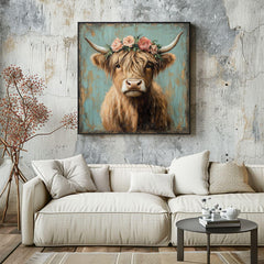 Highland Cow Wall Art, Rustic Cow Print, Highland Cattle Framed Canvas Print, Country Western Living Room Decor, Rustic Farm Animal