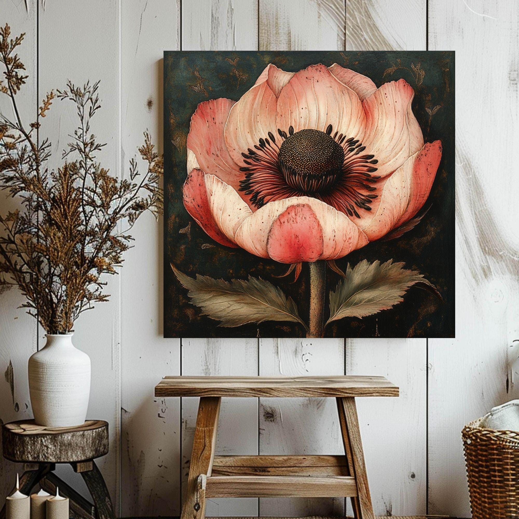 Botanical Canvas Art, Vintage Botanical Horizontal Canvas Art, Rustic Nature-Inspired Artwork, Cottagecore Botanical Print