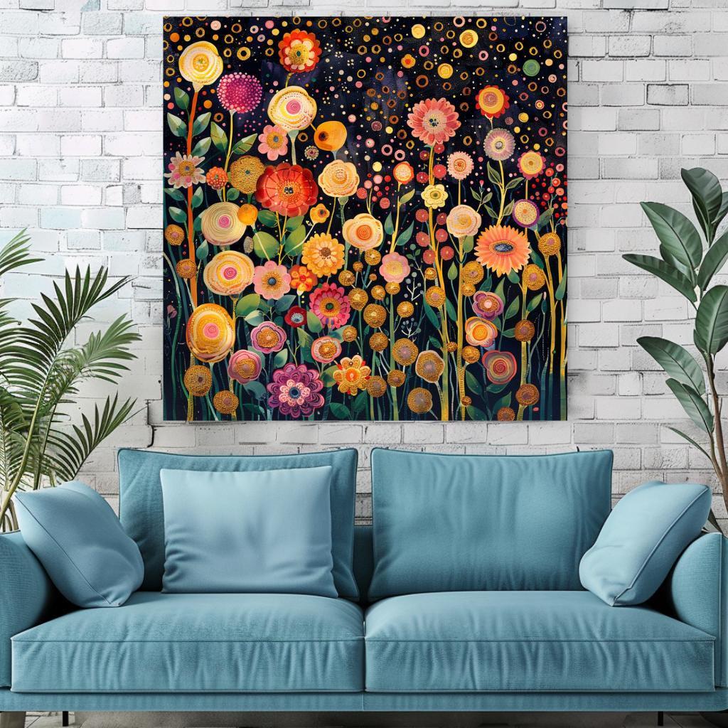 Flower Garden Canvas Wall Art Print Gustav Klimt Inspired Painting, Botanical Floral Wall Hanging