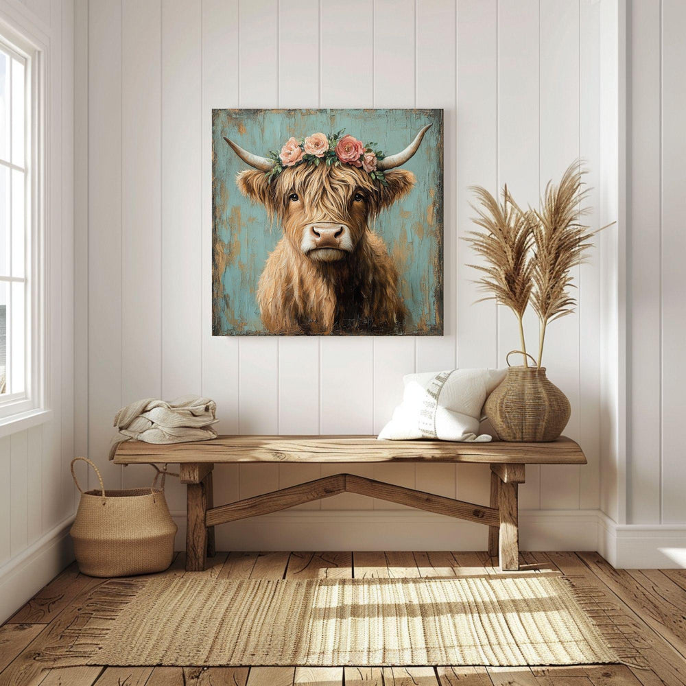 Highland Cow Wall Art, Rustic Cow Print, Highland Cattle Framed Canvas Print, Country Western Living Room Decor, Rustic Farm Animal