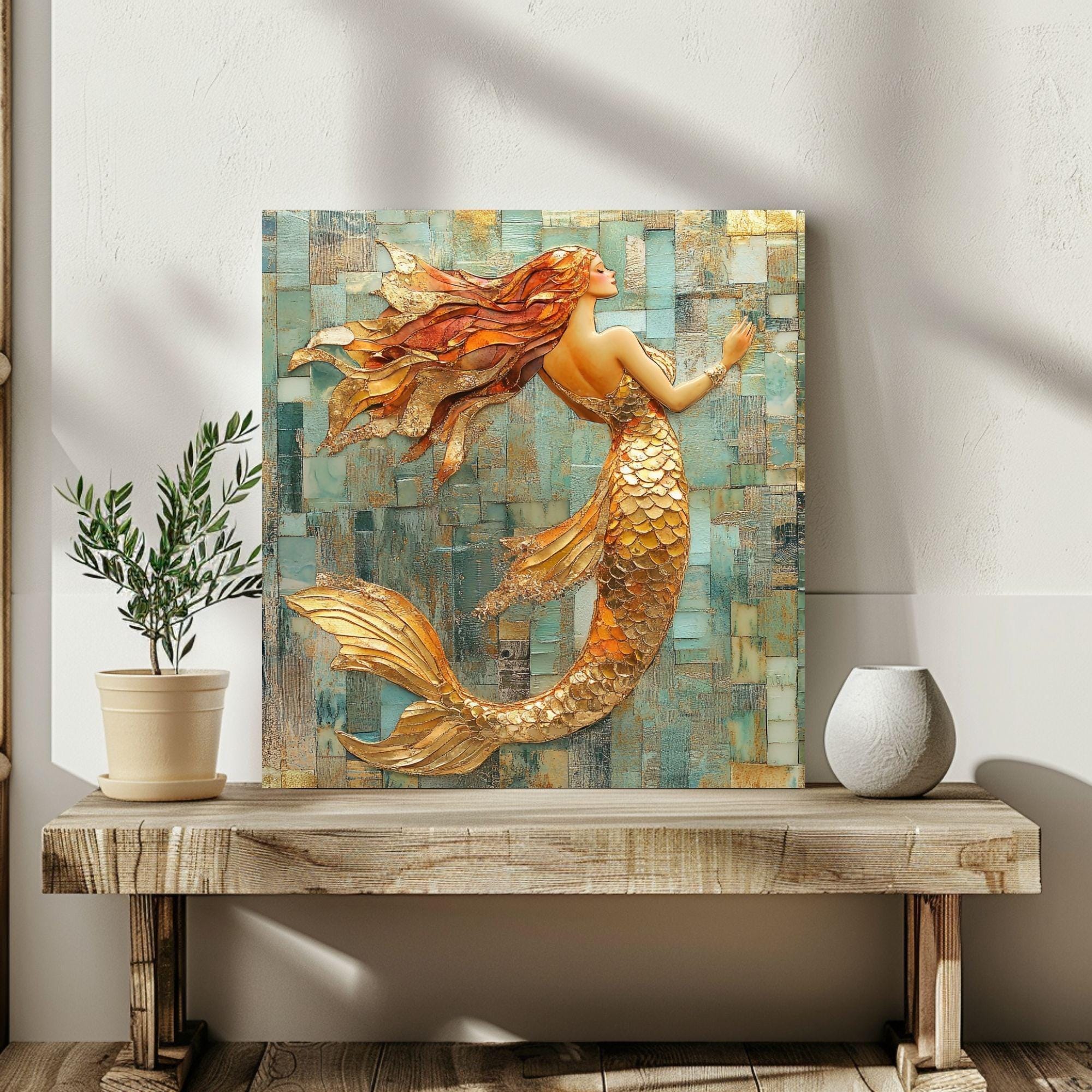 Mosaic Look Gold Mermaid Wall Art, Ocean Fantasy Decor, Elegant Mermaid Print, Coastal Beach Mermaid Wall Art Print