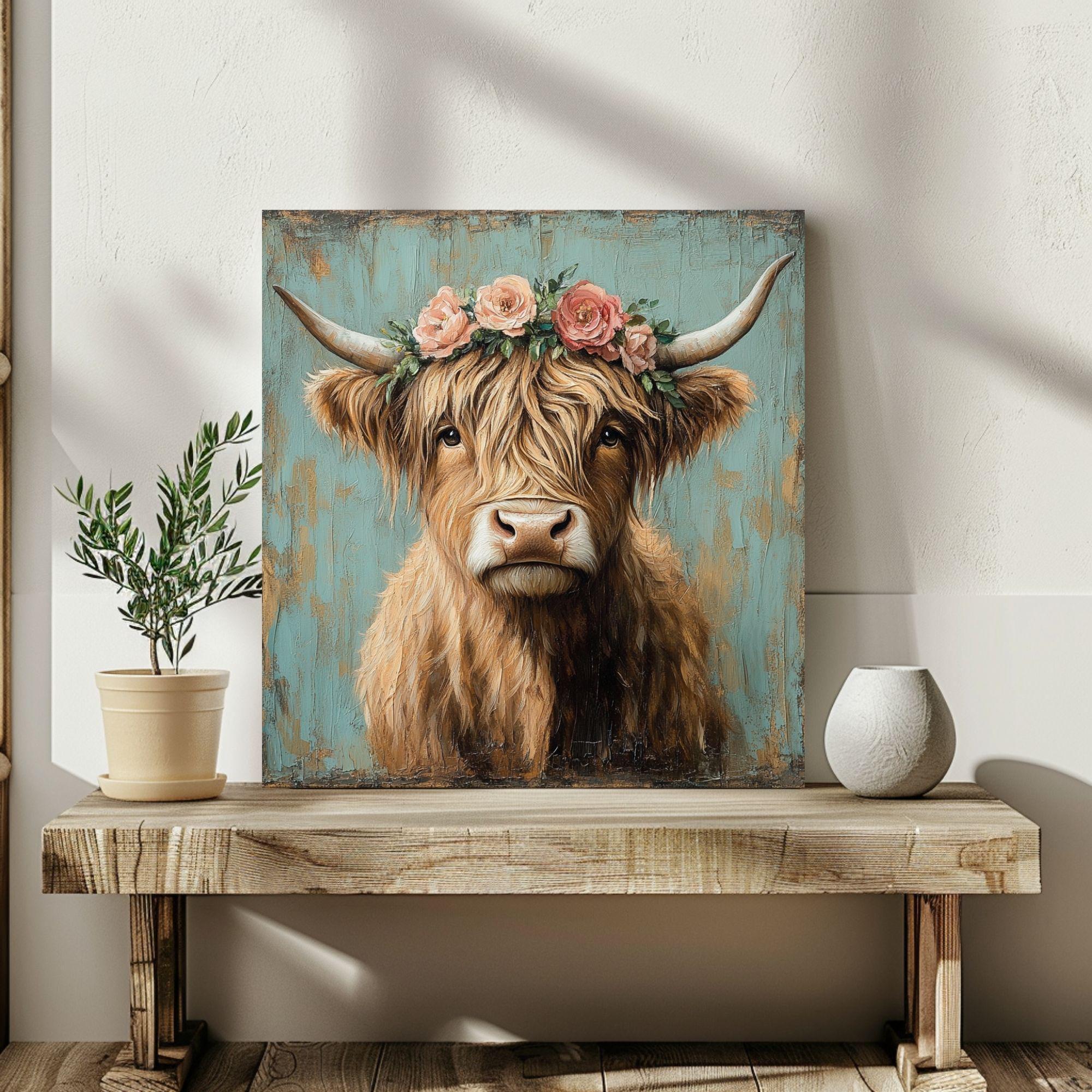 Highland Cow Wall Art, Rustic Cow Print, Highland Cattle Framed Canvas Print, Country Western Living Room Decor, Rustic Farm Animal