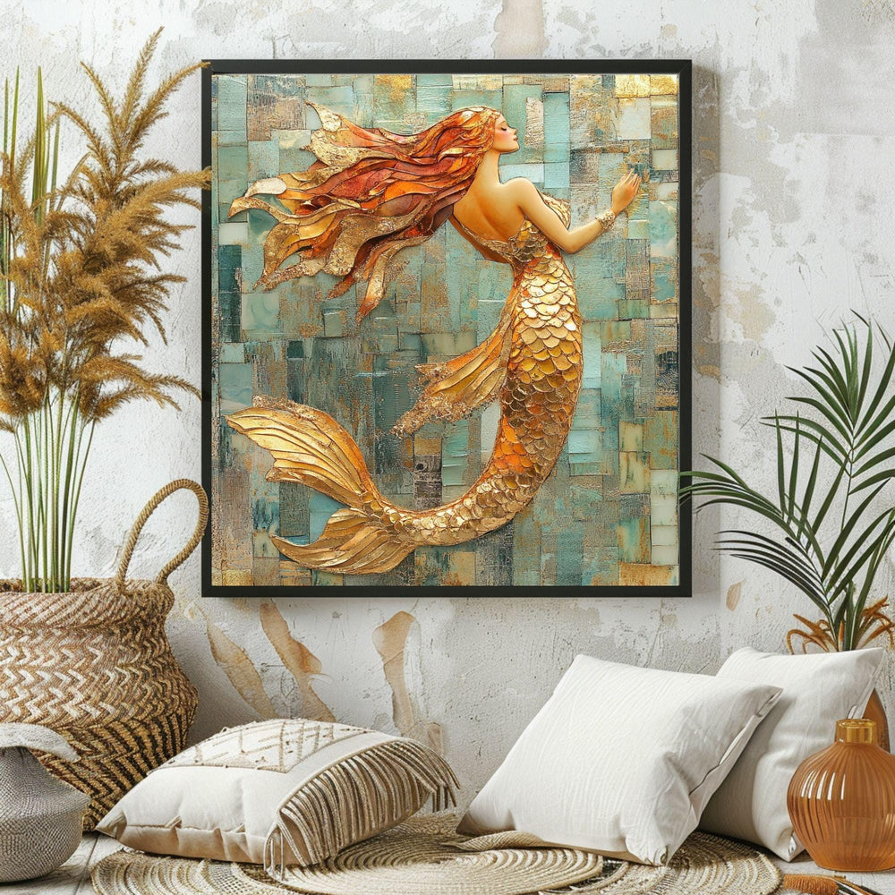 Mosaic Look Gold Mermaid Wall Art, Ocean Fantasy Decor, Elegant Mermaid Print, Coastal Beach Mermaid Wall Art Print