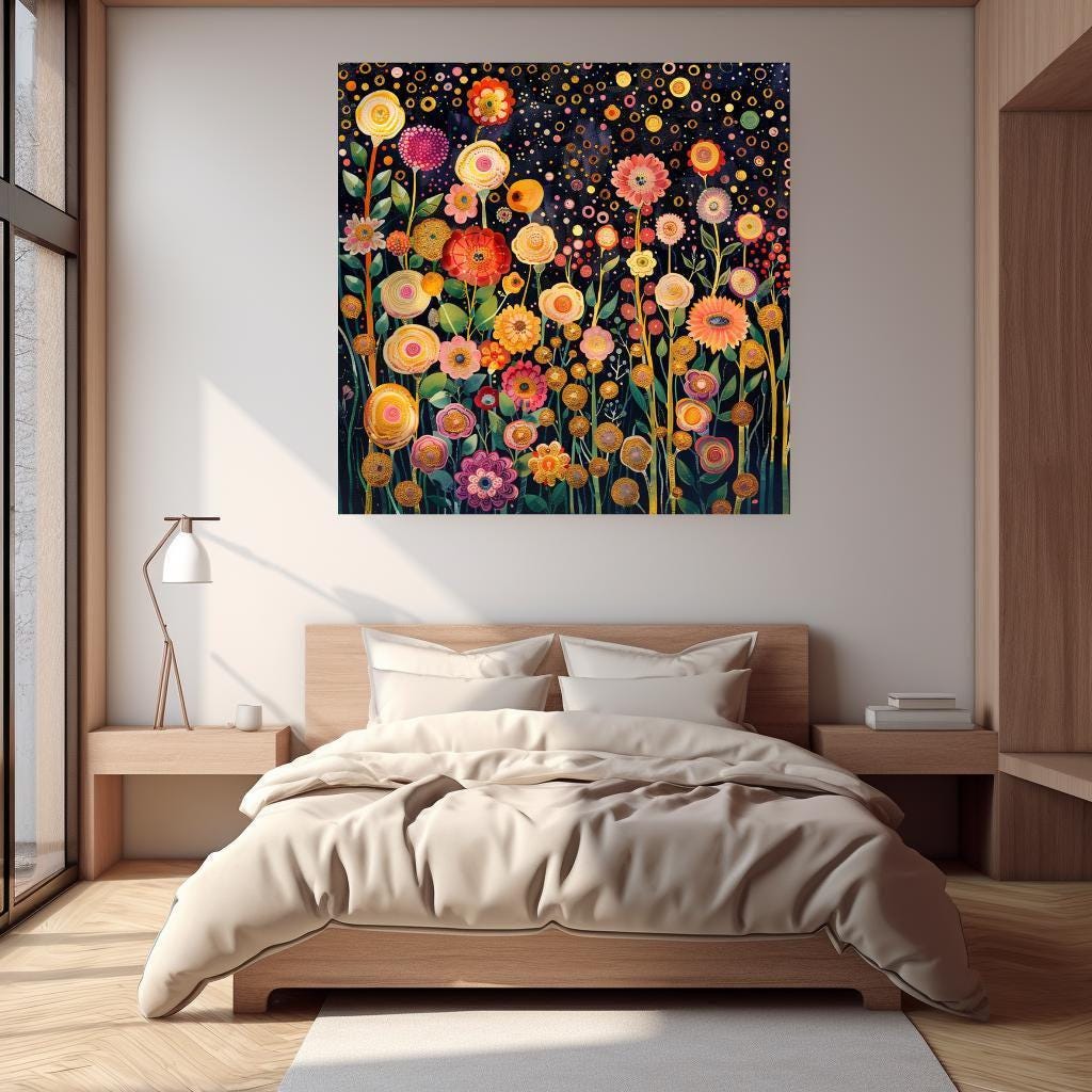 Flower Garden Canvas Wall Art Print Gustav Klimt Inspired Painting, Botanical Floral Wall Hanging