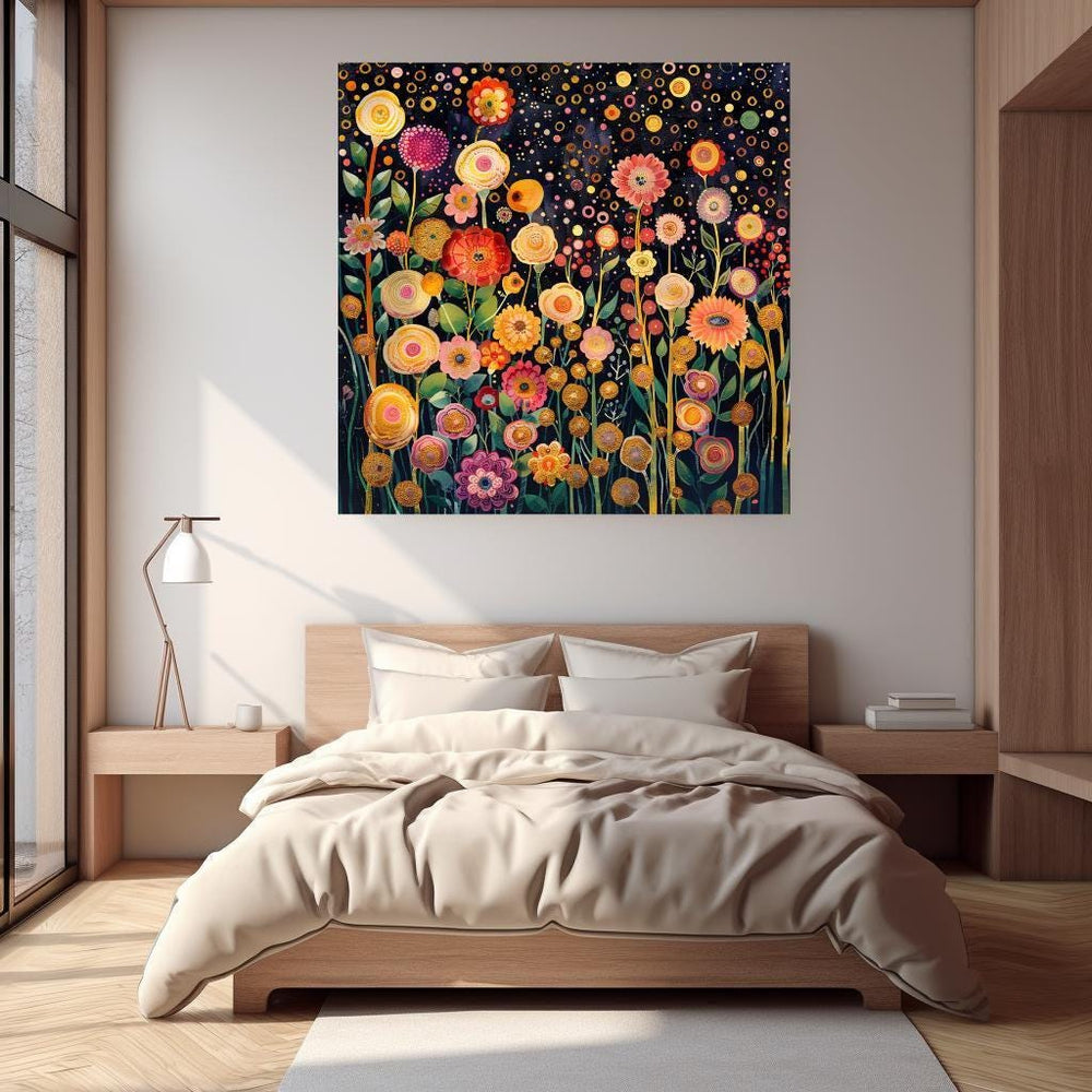 Flower Garden Canvas Wall Art Print Gustav Klimt Inspired Painting, Botanical Floral Wall Hanging
