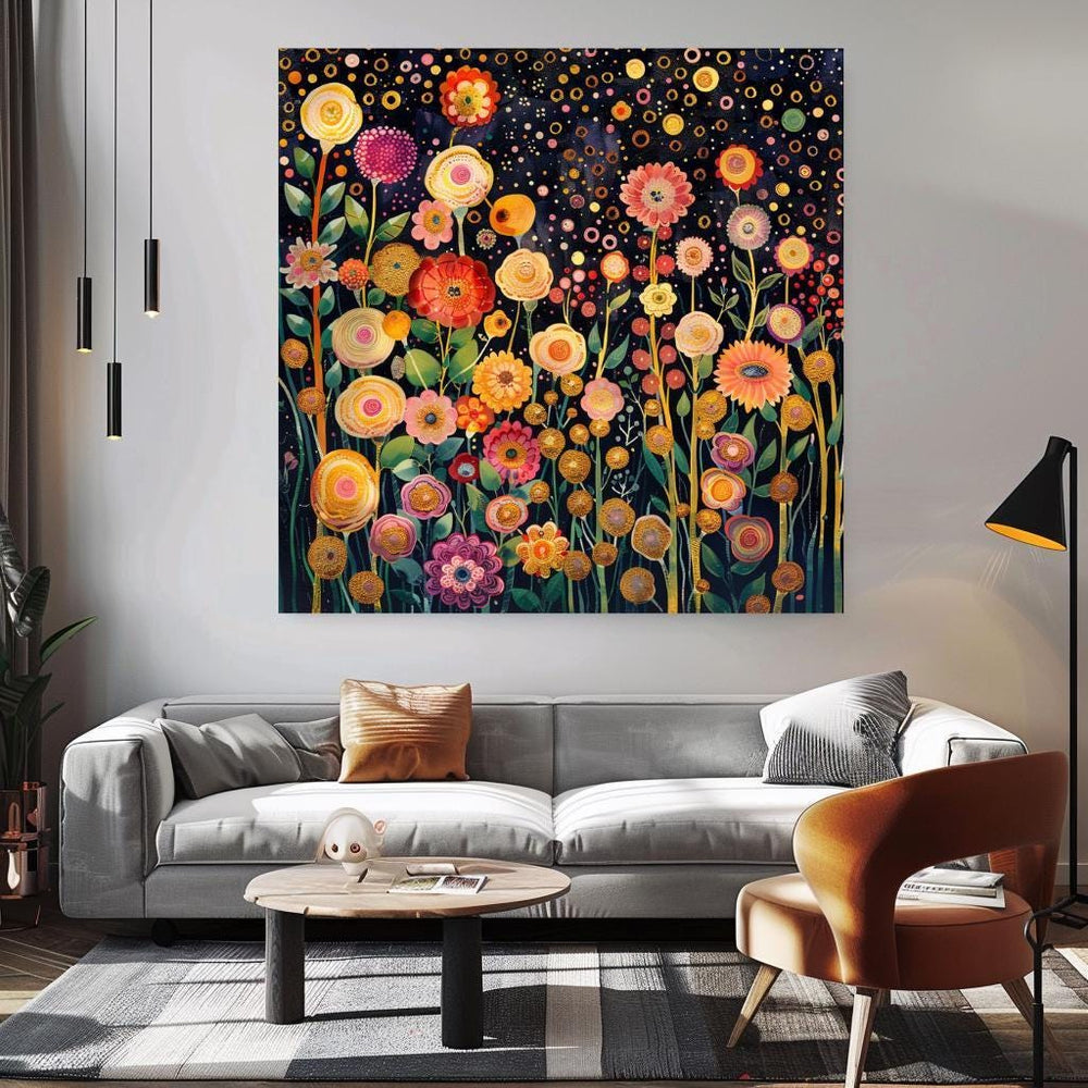 Flower Garden Canvas Wall Art Print Gustav Klimt Inspired Painting, Botanical Floral Wall Hanging