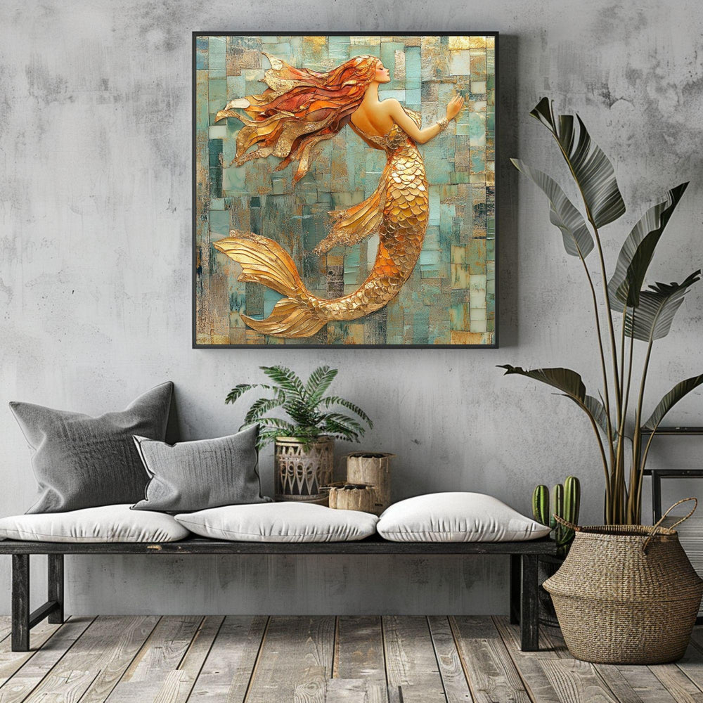 Mosaic Look Gold Mermaid Wall Art, Ocean Fantasy Decor, Elegant Mermaid Print, Coastal Beach Mermaid Wall Art Print