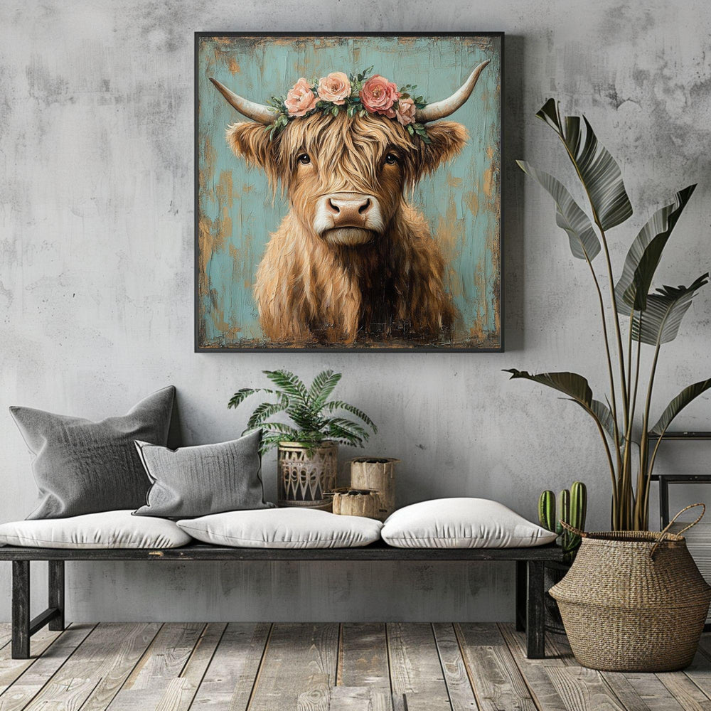 Highland Cow Wall Art, Rustic Cow Print, Highland Cattle Framed Canvas Print, Country Western Living Room Decor, Rustic Farm Animal