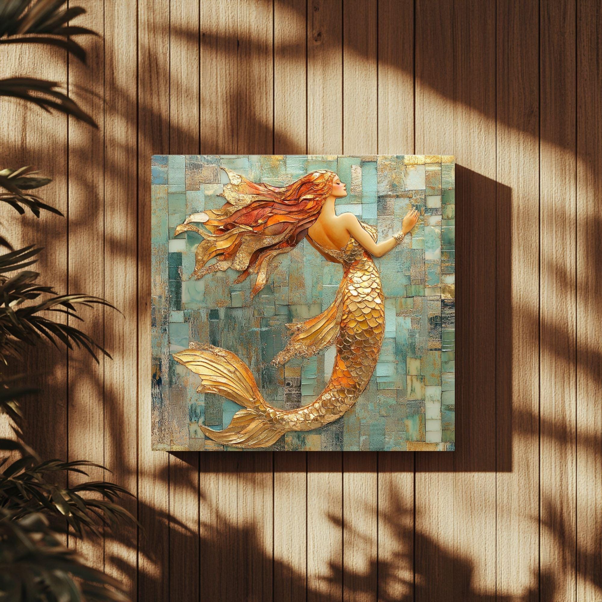 Mosaic Look Gold Mermaid Wall Art, Ocean Fantasy Decor, Elegant Mermaid Print, Coastal Beach Mermaid Wall Art Print