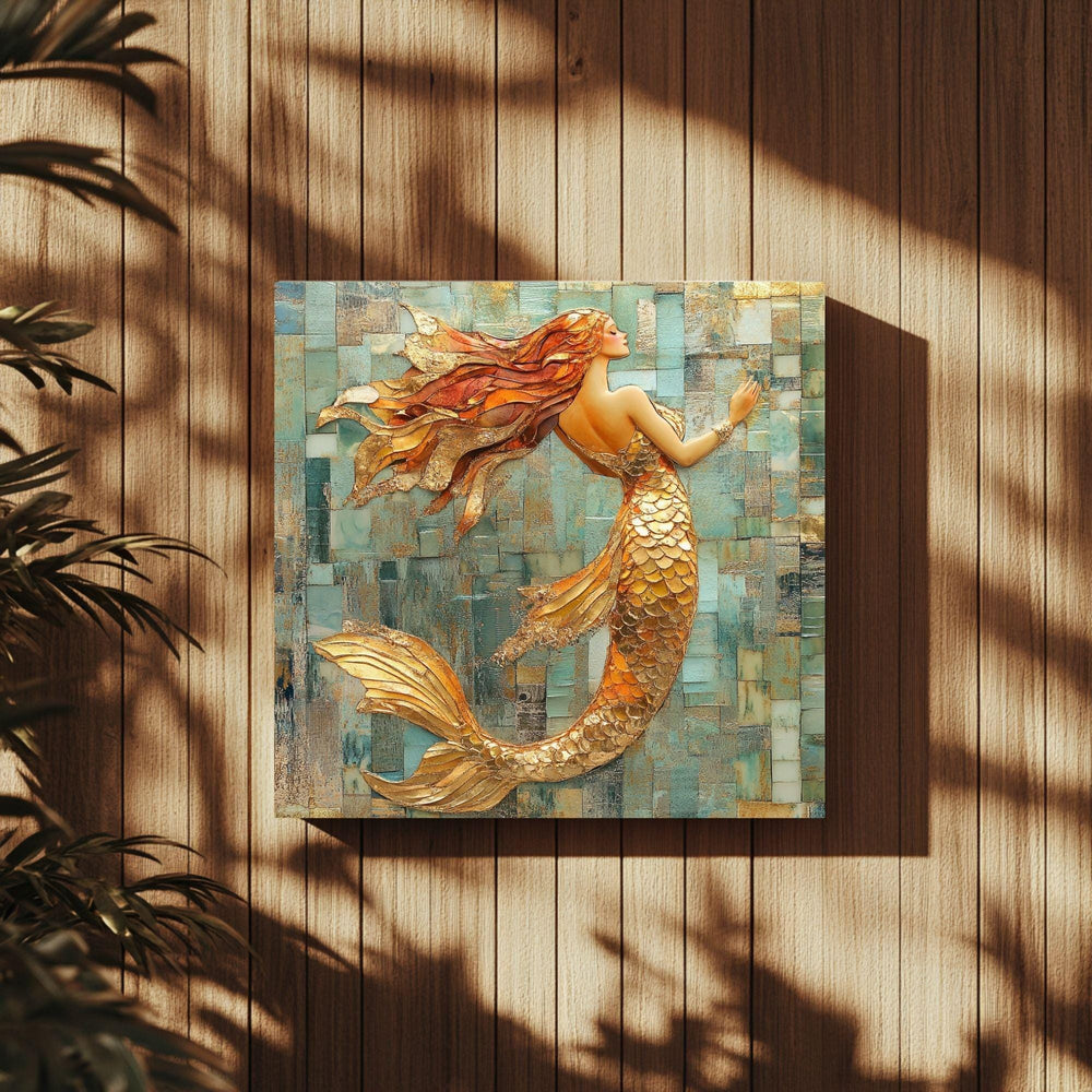 Mosaic Look Gold Mermaid Wall Art, Ocean Fantasy Decor, Elegant Mermaid Print, Coastal Beach Mermaid Wall Art Print