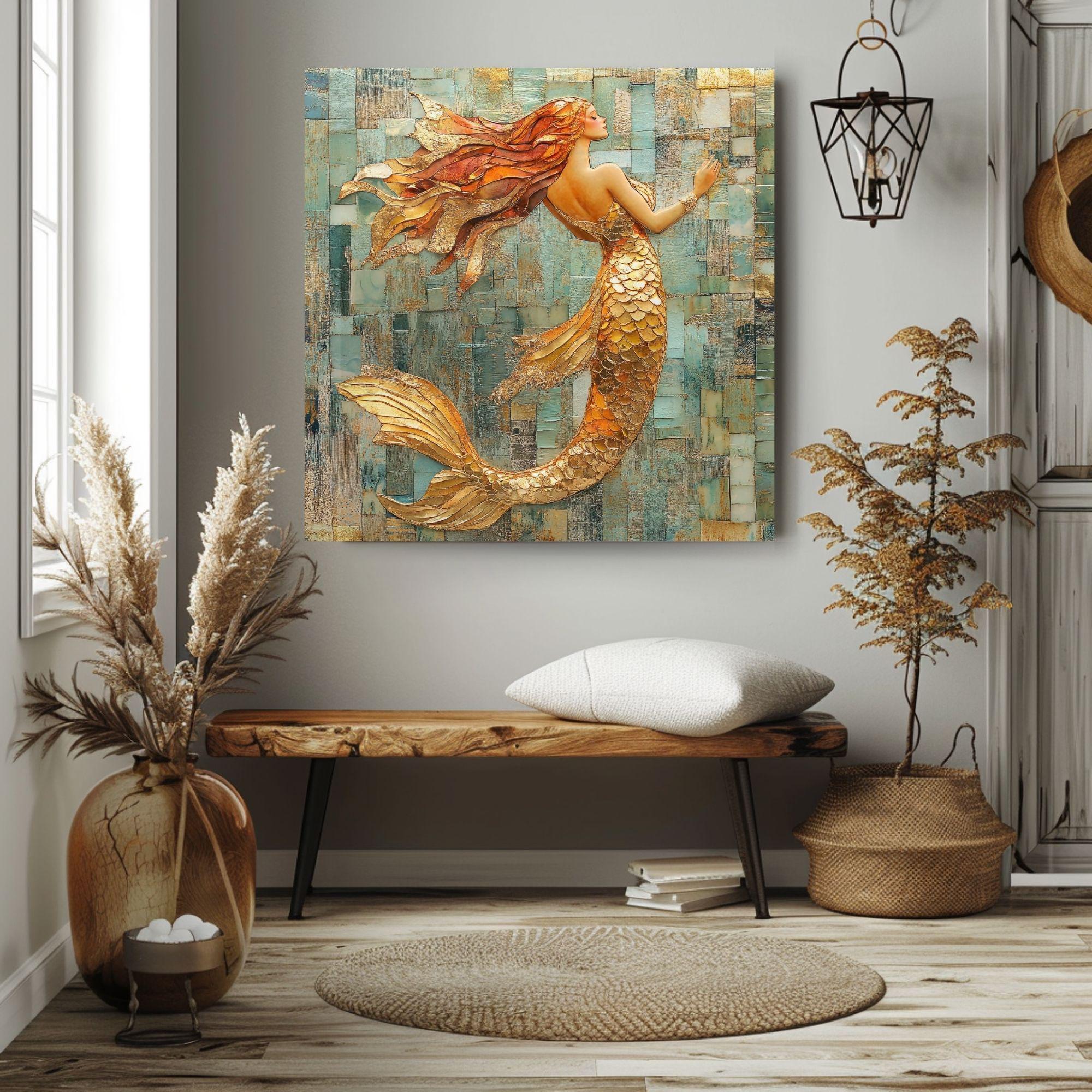 Mosaic Look Gold Mermaid Wall Art, Ocean Fantasy Decor, Elegant Mermaid Print, Coastal Beach Mermaid Wall Art Print