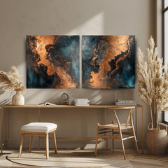 Metallic Abstract Wall Art, Set of 2 Modern Canvas Prints, Copper and Teal Wall Decor, Elegant Abstract Painting Set, Best For Modern Spaces