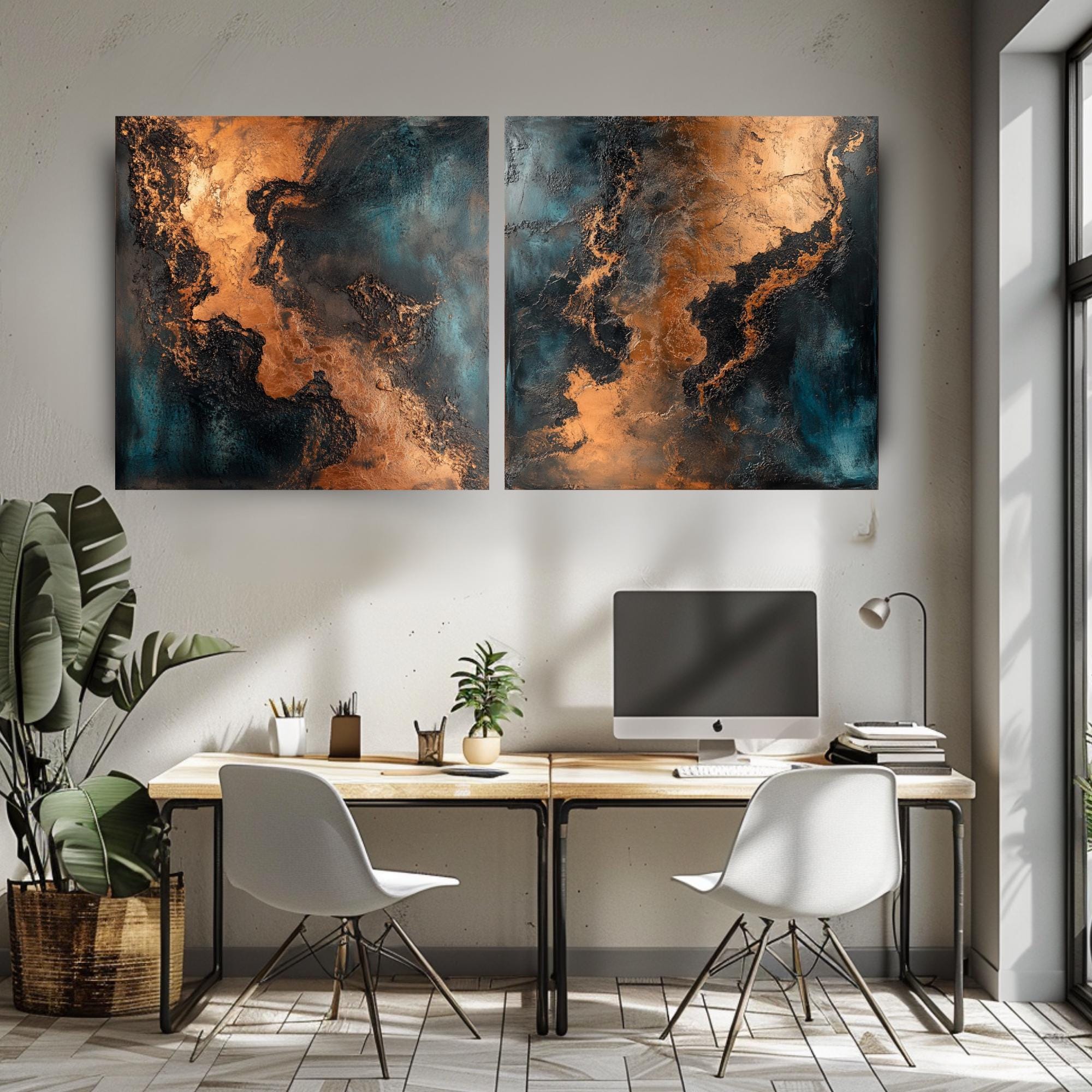 Metallic Abstract Wall Art, Set of 2 Modern Canvas Prints, Copper and Teal Wall Decor, Elegant Abstract Painting Set, Best For Modern Spaces
