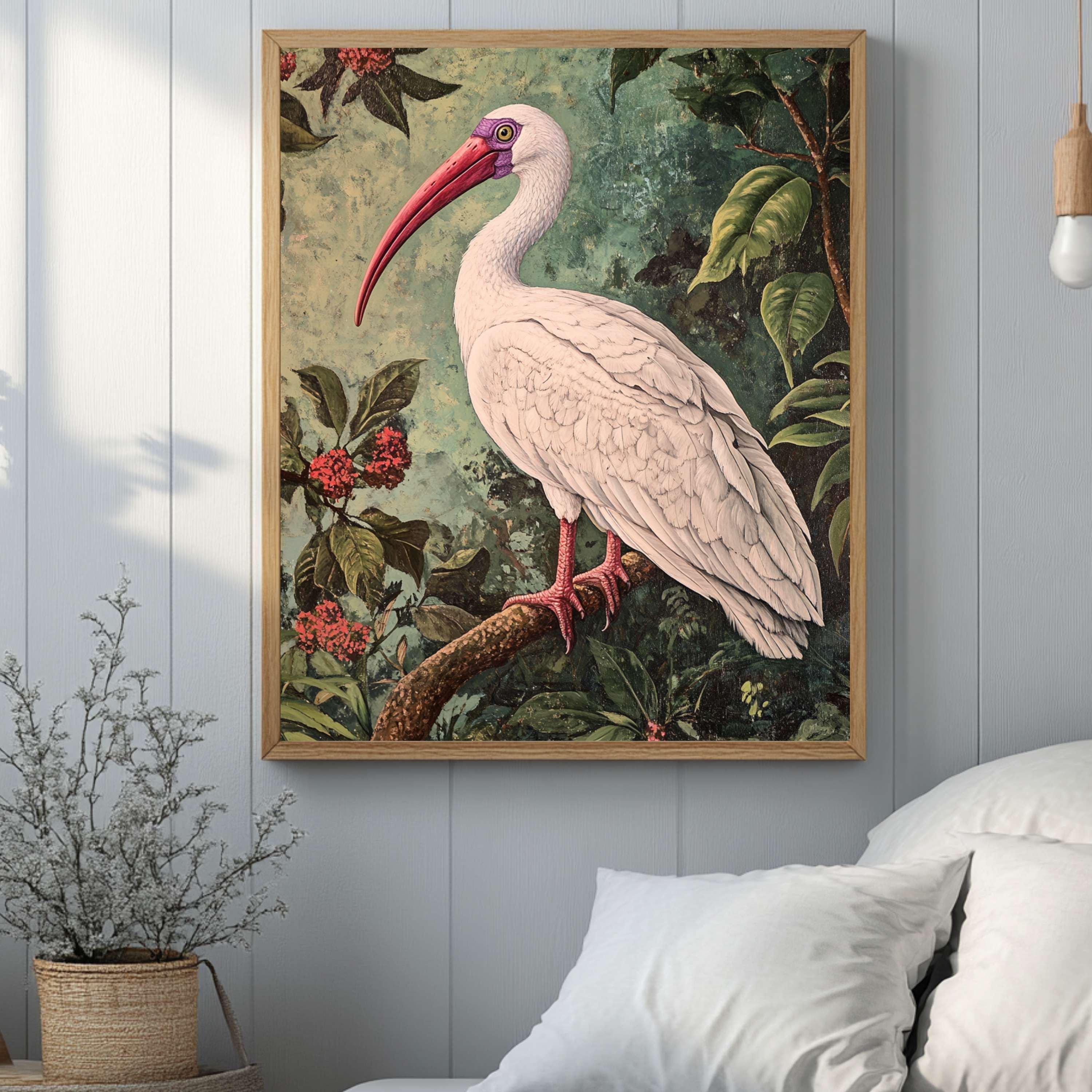White Ibis William Morris Style Art, Vintage Bird Print, Cottagecore Wall Decor, Woodland Ibis Boho Art, Nature Inspired Home Gallery