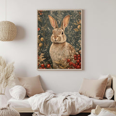 William Morris Winter Bunny Wall Art, Rabbit Printed Wooden Framed Canvas, Bunny in Winter Scene, Nature Inspired Framed Bunny Painting