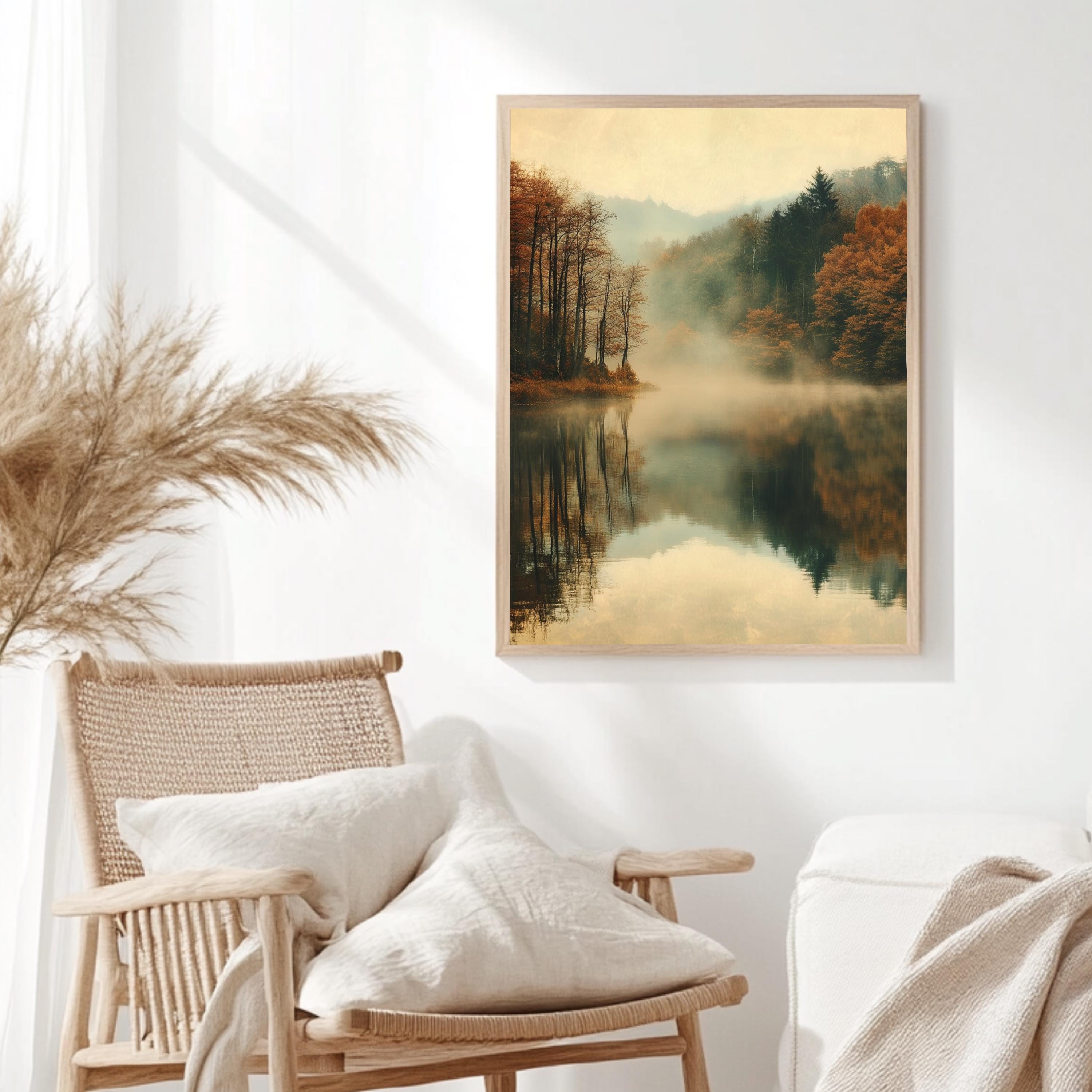 Woodland Lake Framed Wall Art, Misty Lake Frame Art, Natural Wood Framed Wall Canvas, Forest Framed Art, Nature-Inspired Wooden Framed Art