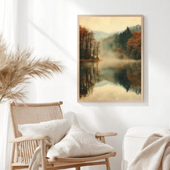 Woodland Lake Framed Wall Art, Misty Lake Frame Art, Natural Wood Framed Wall Canvas, Forest Framed Art, Nature-Inspired Wooden Framed Art
