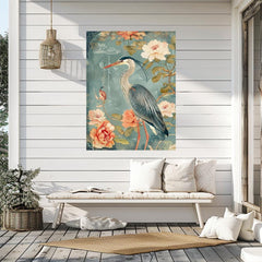 Chinoiserie Blue Heron Art, Vintage Coastal Home Decor, Framed Nature Canvas Art, Vintage Inspired Illustration, Ready to Hang Decor