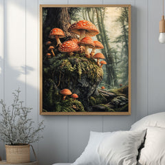 Woodland Mushroom Forest Canvas Wall Art, Mushroom Framed Art Print, Rustic Cottagecore Decor, Botanical Wall Hanging Wooden Framed Art