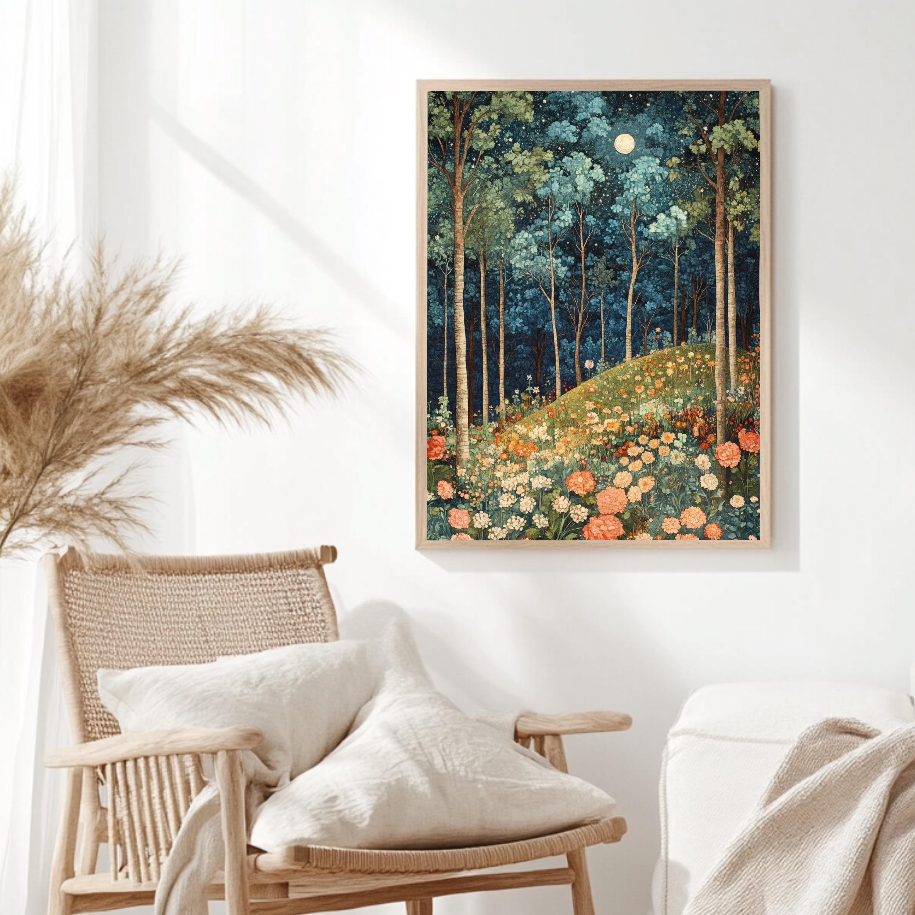 Moonlit Wildflower Forest Framed Canvas, Dreamy Night Woodland Wall Art, Enchanted Garden Decor, Fairytale Floral Landscape Accent