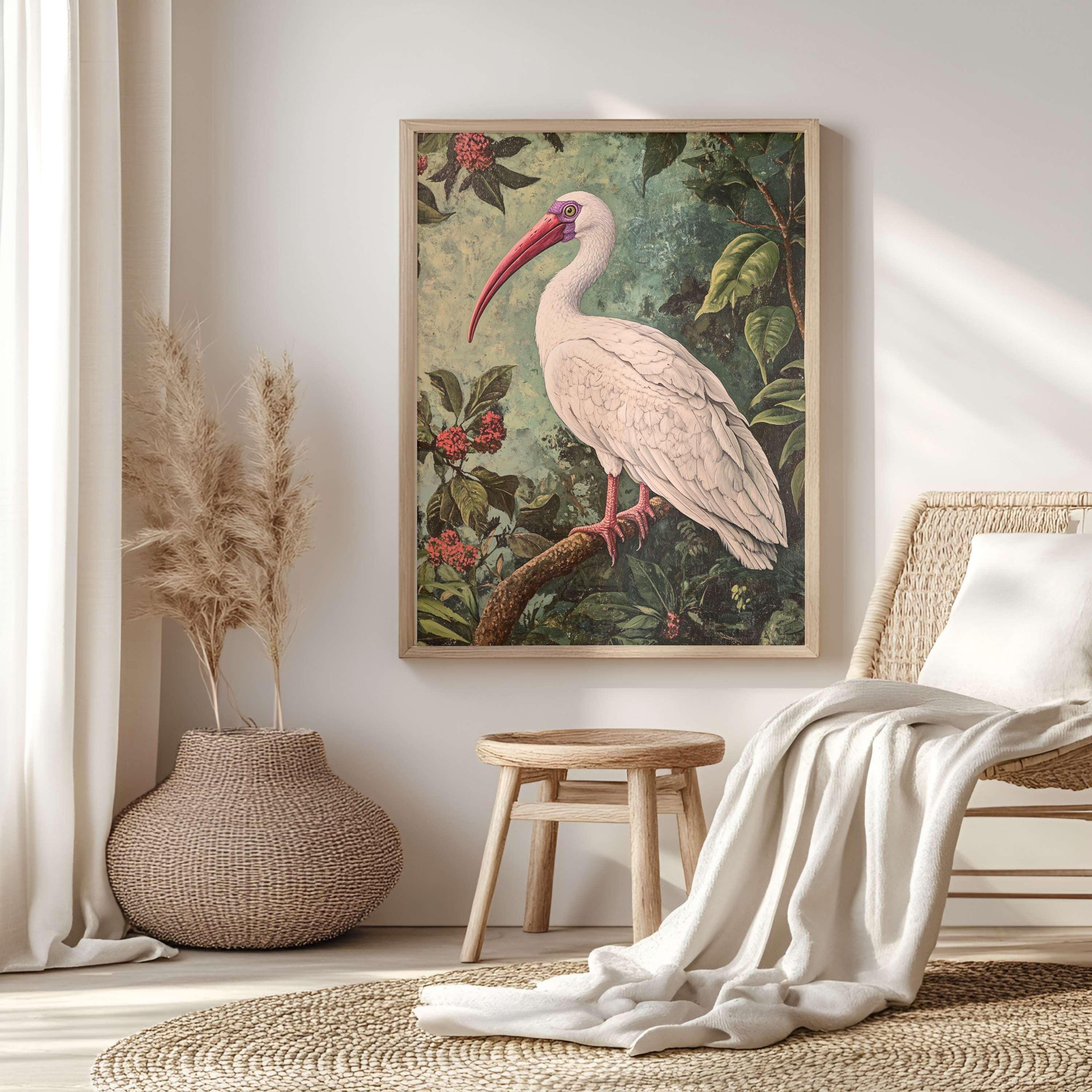 White Ibis William Morris Style Art, Vintage Bird Print, Cottagecore Wall Decor, Woodland Ibis Boho Art, Nature Inspired Home Gallery