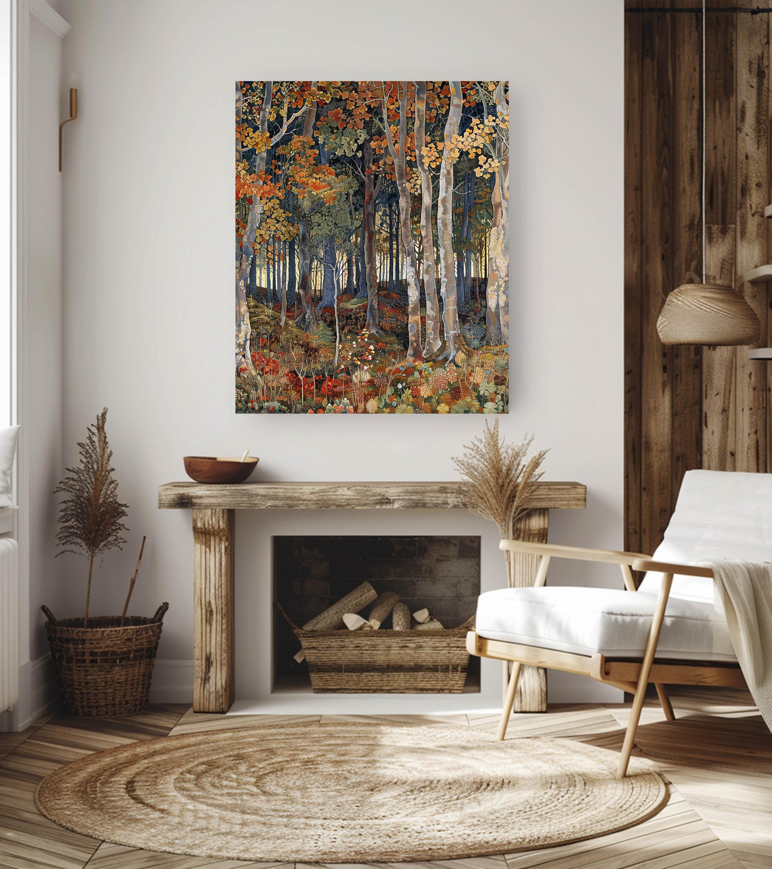 William Morris Inspired Autumn Forest Canvas Wall Art, Fall Painting, Vintage Botanical Art, Rustic Autumn Decor, Nature-Inspired Home Decor