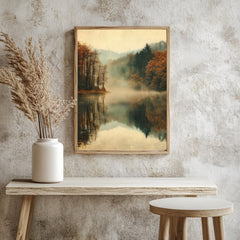 Woodland Lake Framed Wall Art, Misty Lake Frame Art, Natural Wood Framed Wall Canvas, Forest Framed Art, Nature-Inspired Wooden Framed Art