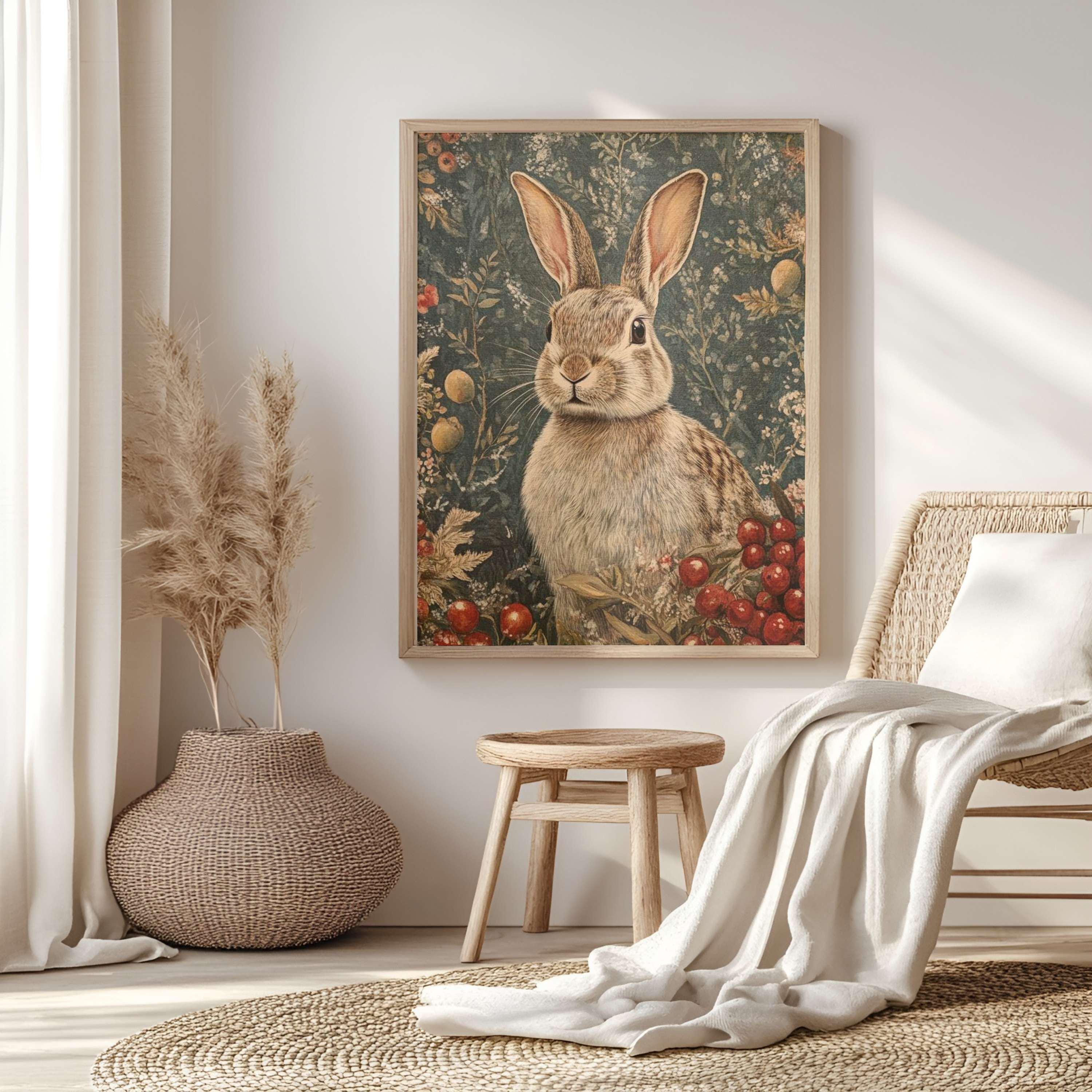 William Morris Winter Bunny Wall Art, Rabbit Printed Wooden Framed Canvas, Bunny in Winter Scene, Nature Inspired Framed Bunny Painting