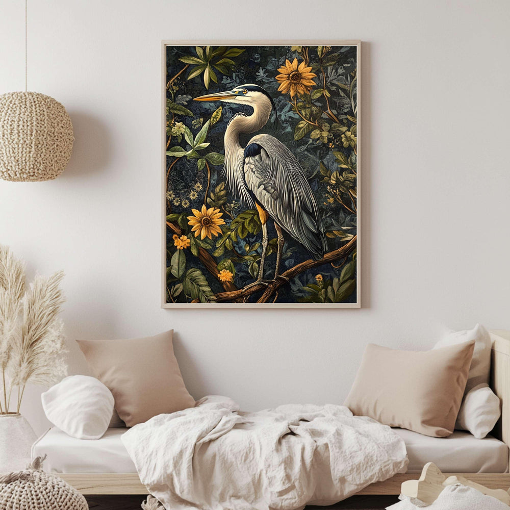 Great Blue Heron William Morris Style Framed Canvas Art, Heron Bird Wall Decor, Nature Inspired Home Gallery,Framed Heron Botanical Painting