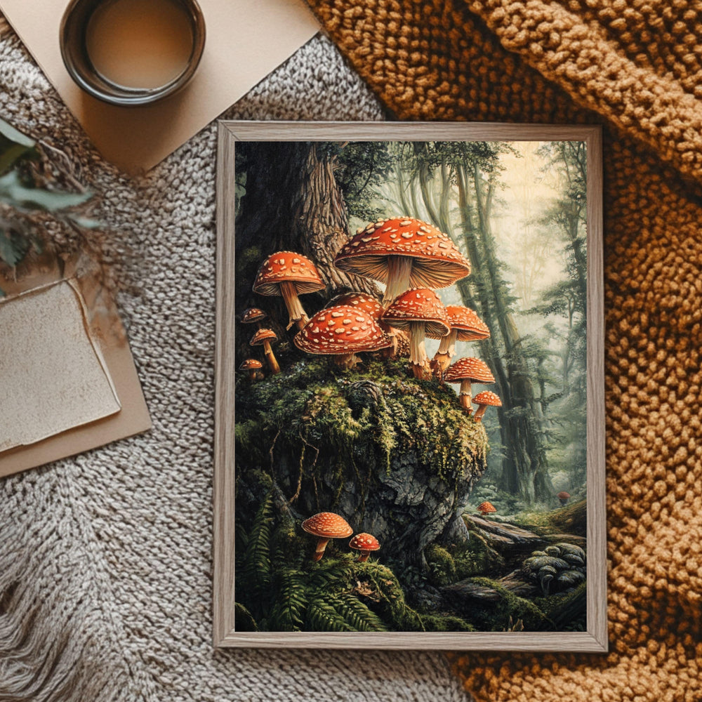 Woodland Mushroom Forest Canvas Wall Art, Mushroom Framed Art Print, Rustic Cottagecore Decor, Botanical Wall Hanging Wooden Framed Art