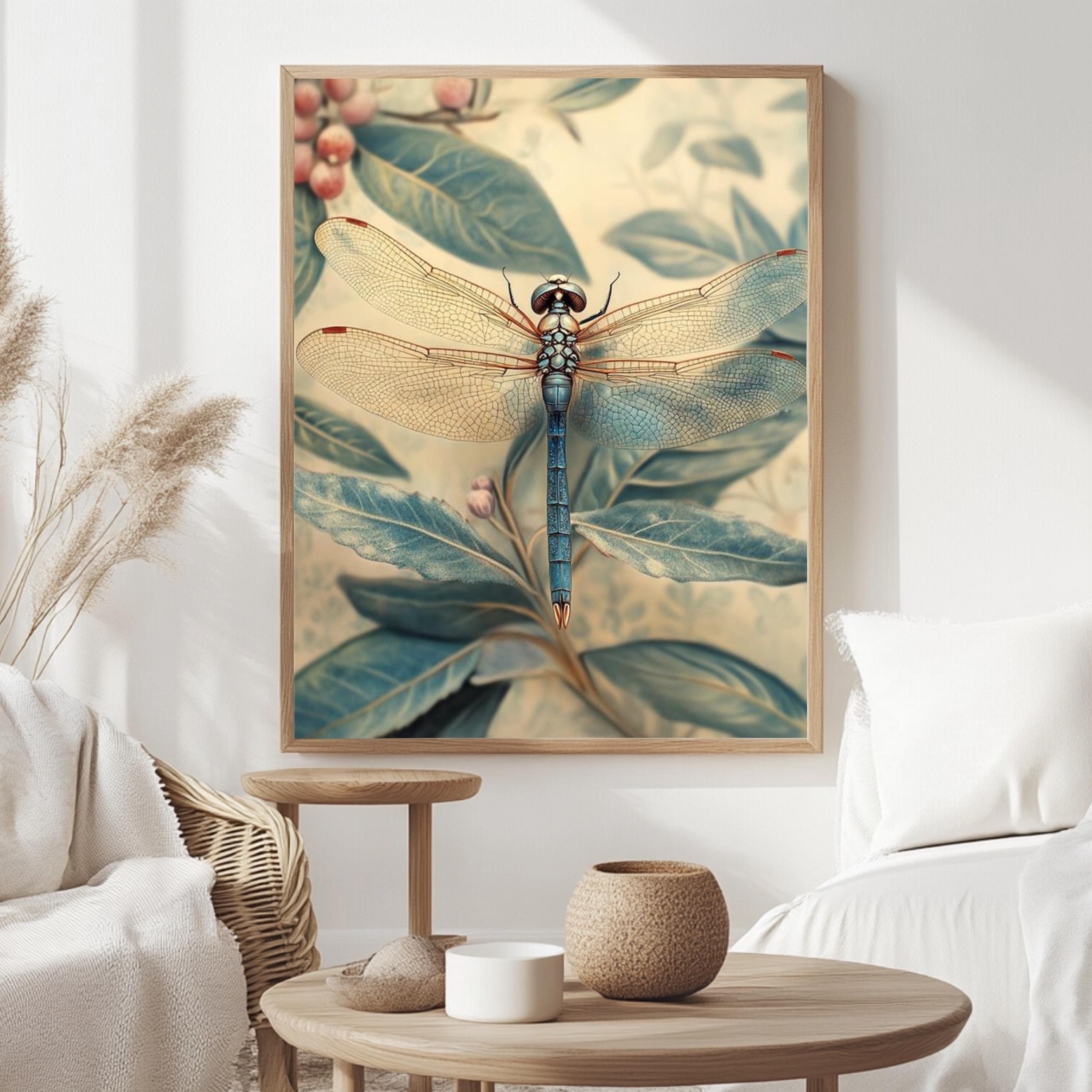 Blue Dragonfly Framed Canvas, Botanical Insect Wall Art, Nature-Inspired Vintage Print, Dragonfly Garden Art Decor, Entomology Home Accent
