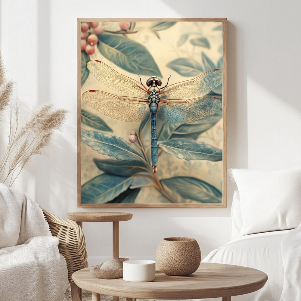 Blue Dragonfly Framed Canvas, Botanical Insect Wall Art, Nature-Inspired Vintage Print, Dragonfly Garden Art Decor, Entomology Home Accent