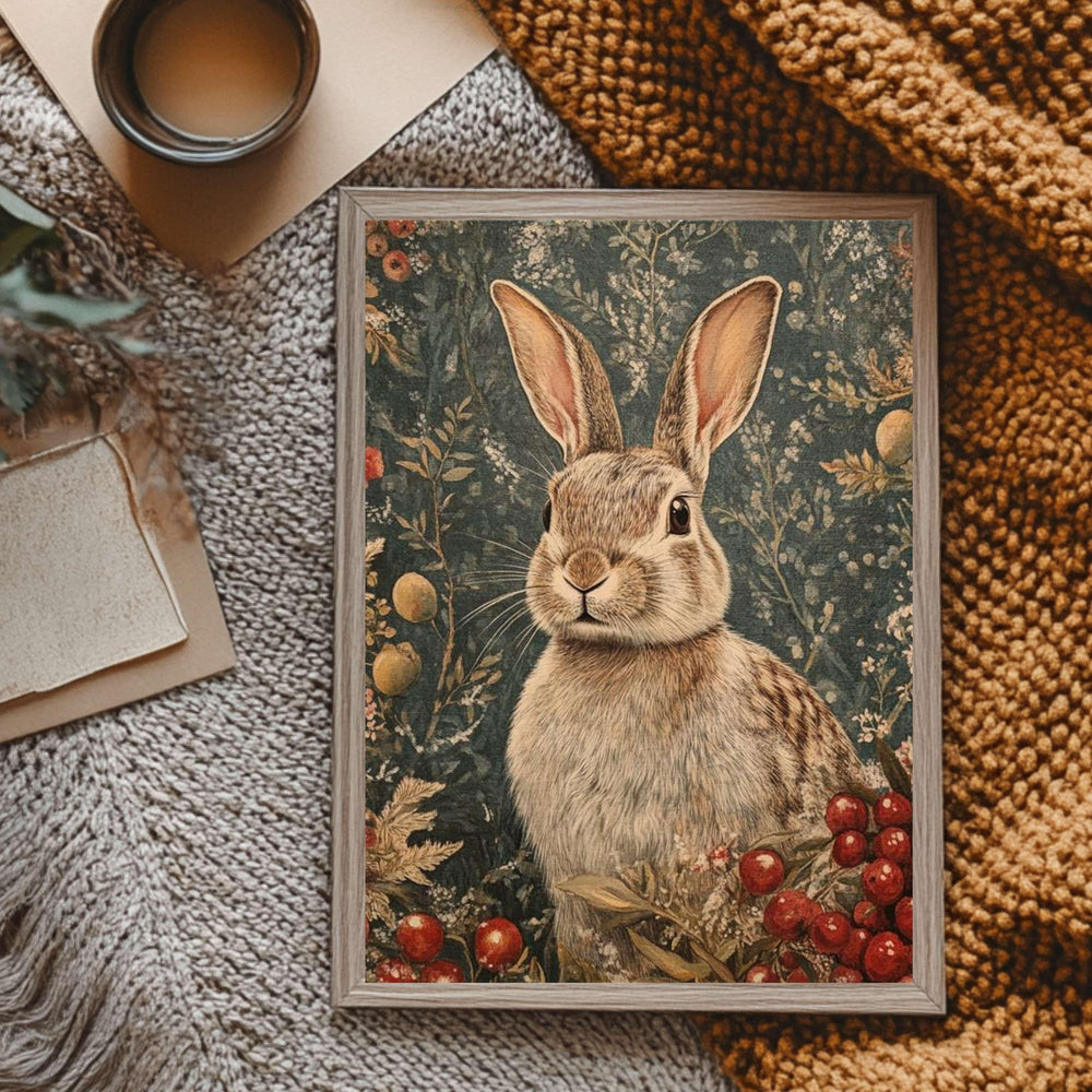William Morris Winter Bunny Wall Art, Rabbit Printed Wooden Framed Canvas, Bunny in Winter Scene, Nature Inspired Framed Bunny Painting