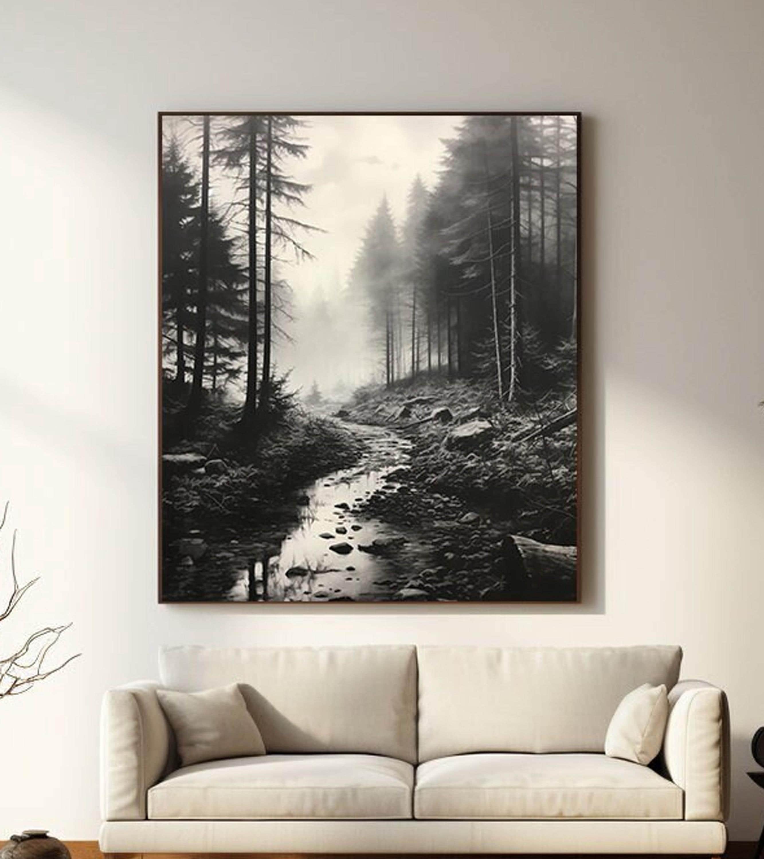 Black and White Misty Forest Canvas Wall Art, Black Framed Wall Art, Foggy Forest Wall Art, Foggy Forest Art, Moody Black and White Painting