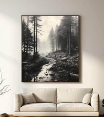 Black and White Misty Forest Canvas Wall Art, Black Framed Wall Art, Foggy Forest Wall Art, Foggy Forest Art, Moody Black and White Painting