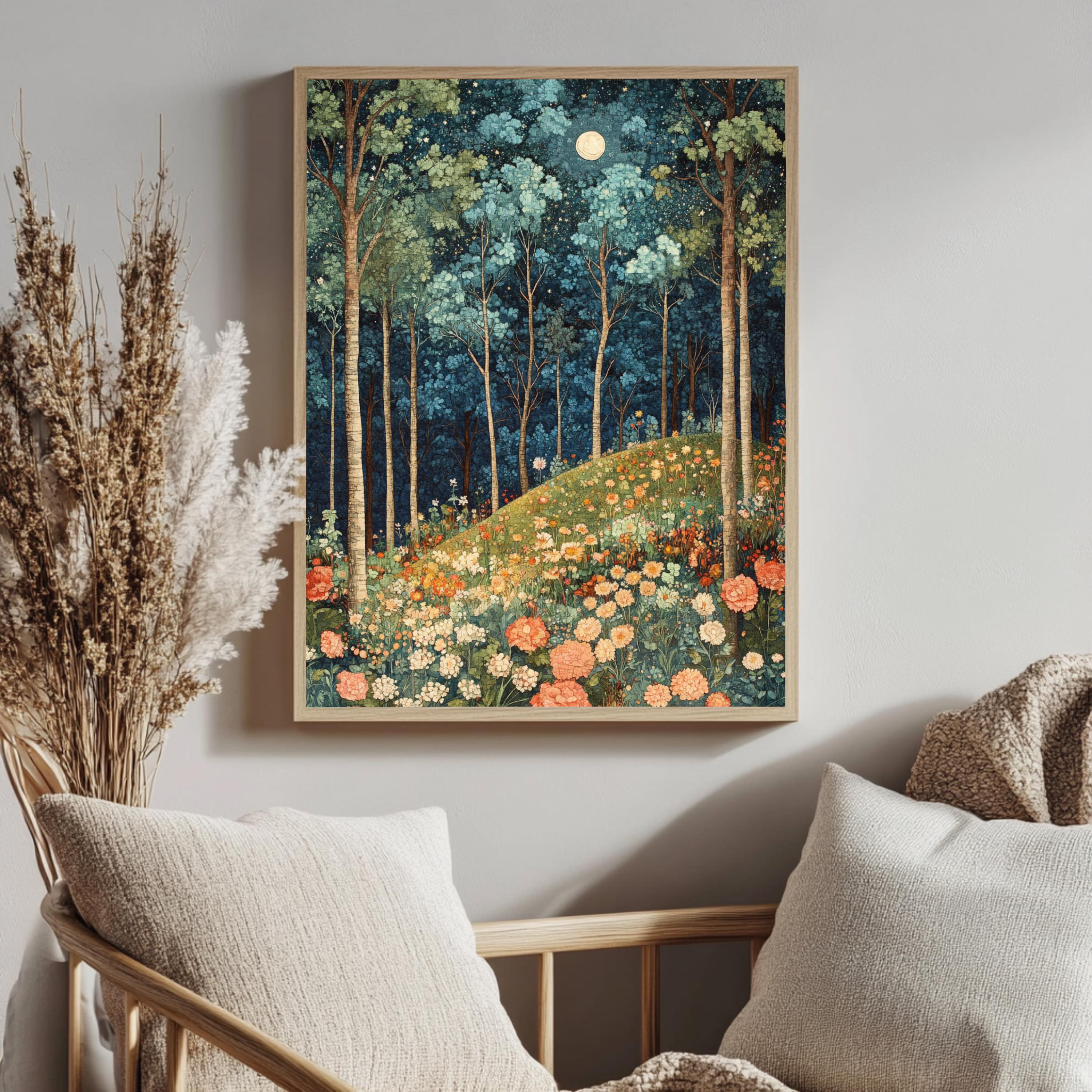 Moonlit Wildflower Forest Framed Canvas, Dreamy Night Woodland Wall Art, Enchanted Garden Decor, Fairytale Floral Landscape Accent