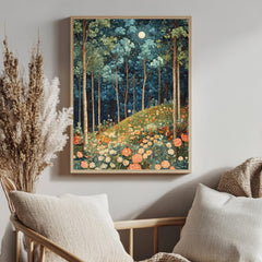 Moonlit Wildflower Forest Framed Canvas, Dreamy Night Woodland Wall Art, Enchanted Garden Decor, Fairytale Floral Landscape Accent