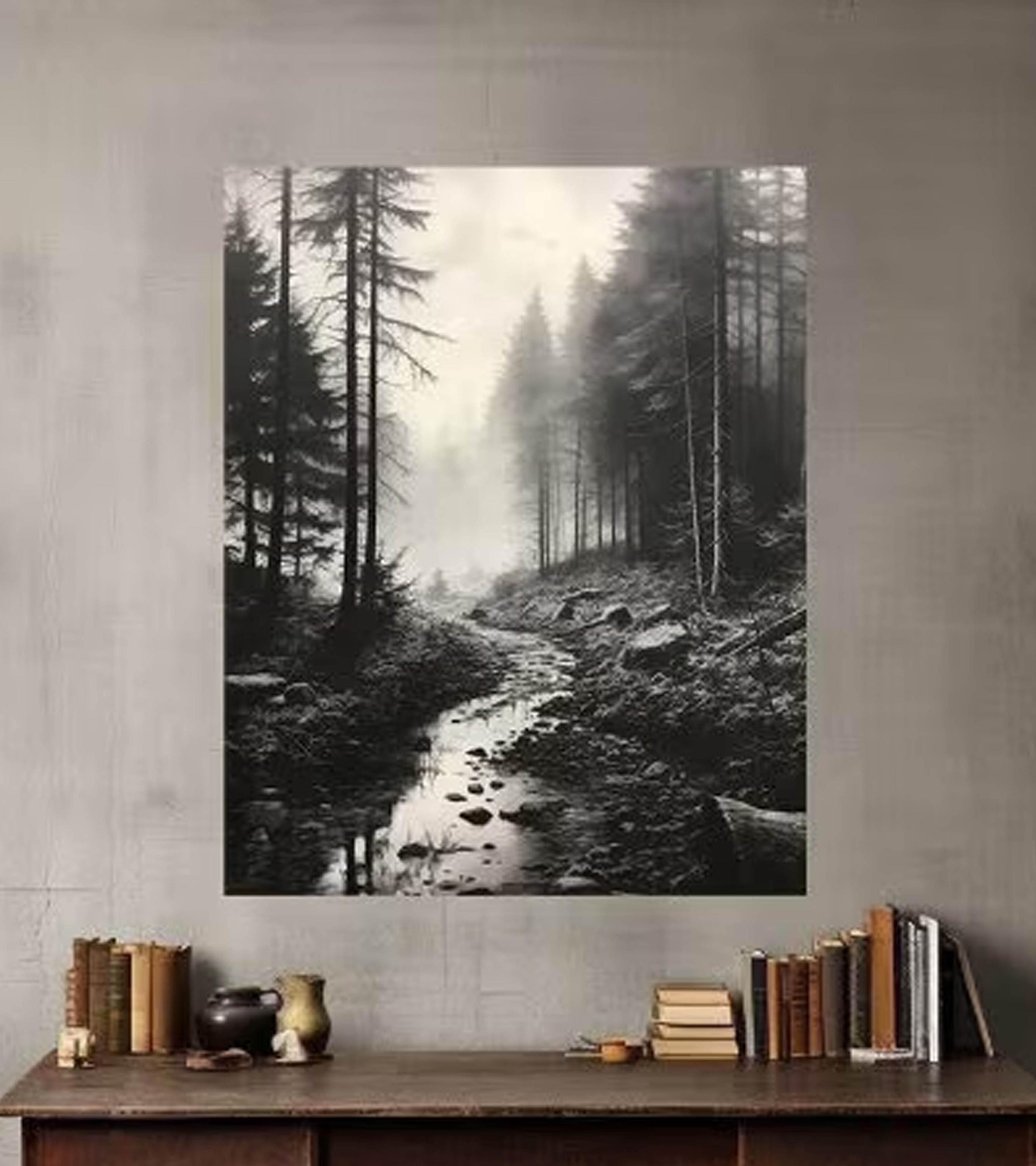 Black and White Misty Forest Canvas Wall Art, Black Framed Wall Art, Foggy Forest Wall Art, Foggy Forest Art, Moody Black and White Painting