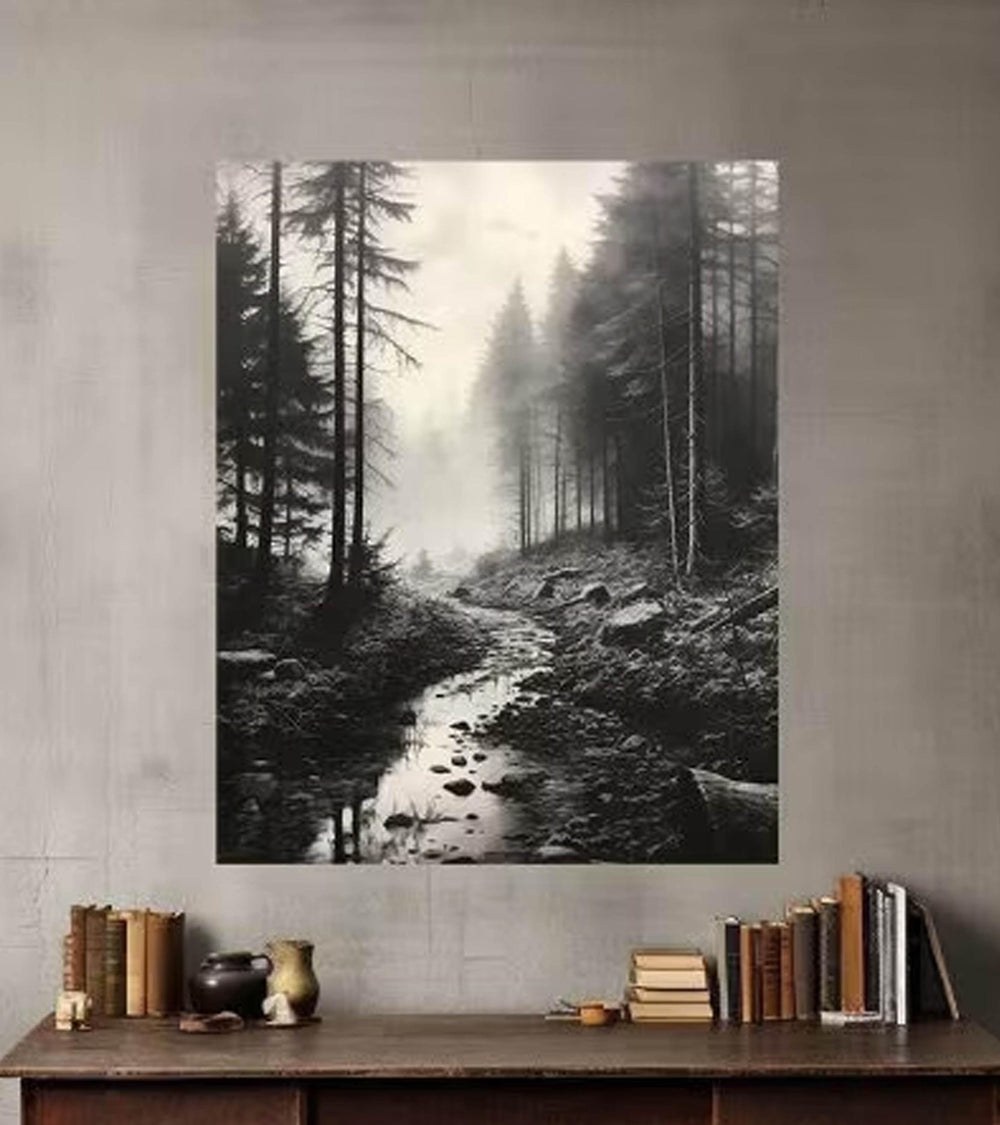 Black and White Misty Forest Canvas Wall Art, Black Framed Wall Art, Foggy Forest Wall Art, Foggy Forest Art, Moody Black and White Painting