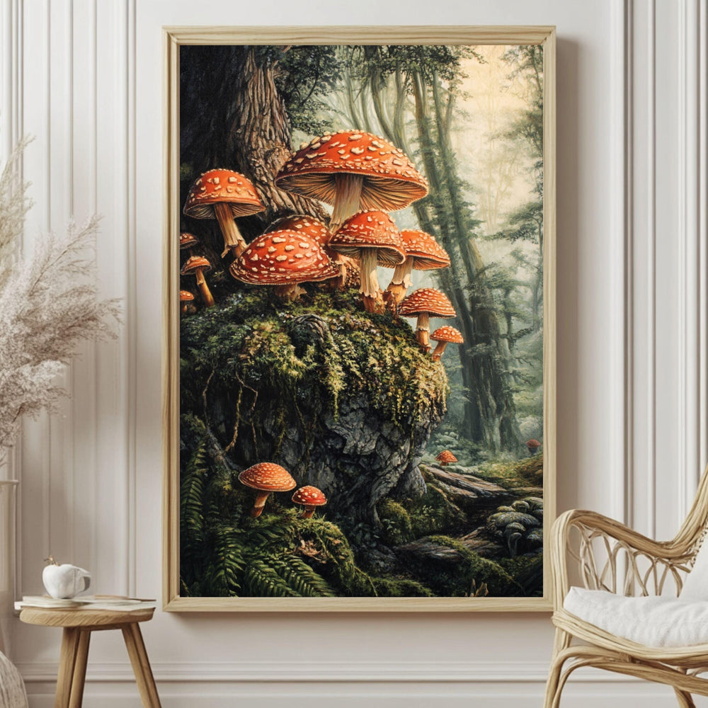 Woodland Mushroom Forest Canvas Wall Art, Mushroom Framed Art Print, Rustic Cottagecore Decor, Botanical Wall Hanging Wooden Framed Art