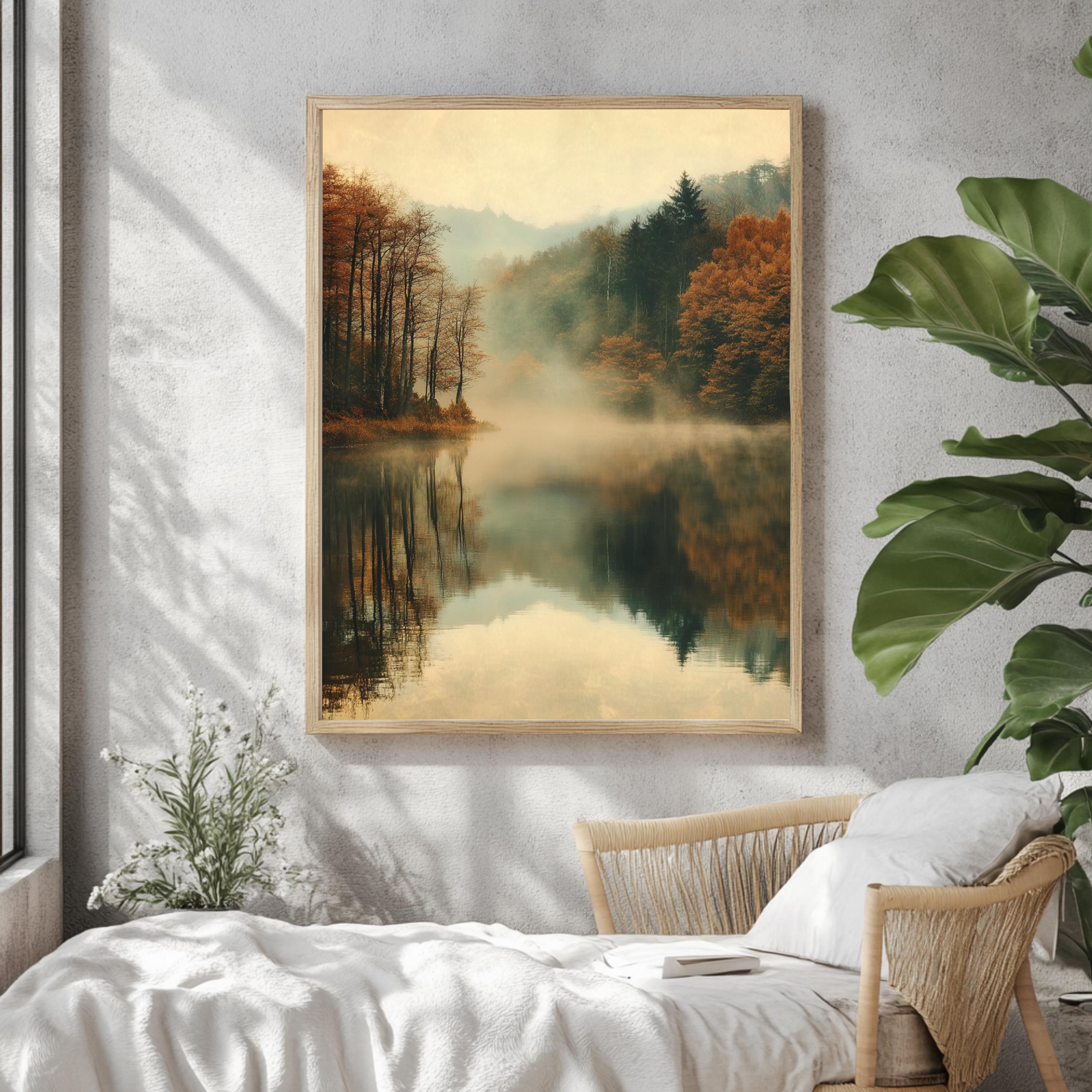Woodland Lake Framed Wall Art, Misty Lake Frame Art, Natural Wood Framed Wall Canvas, Forest Framed Art, Nature-Inspired Wooden Framed Art