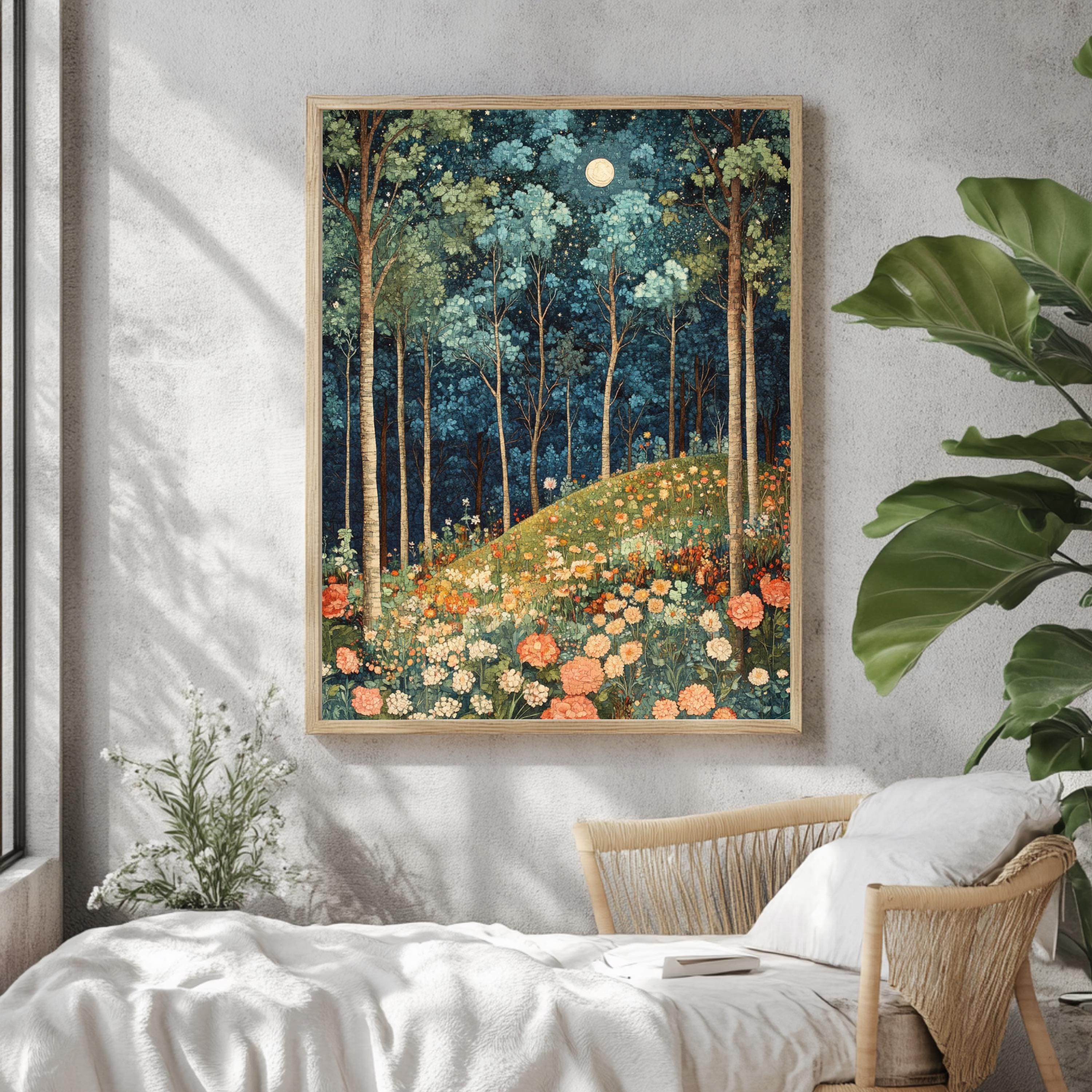 Moonlit Wildflower Forest Framed Canvas, Dreamy Night Woodland Wall Art, Enchanted Garden Decor, Fairytale Floral Landscape Accent