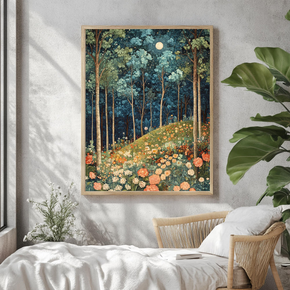 Moonlit Wildflower Forest Framed Canvas, Dreamy Night Woodland Wall Art, Enchanted Garden Decor, Fairytale Floral Landscape Accent