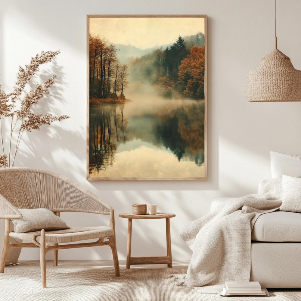 Woodland Lake Framed Wall Art, Misty Lake Frame Art, Natural Wood Framed Wall Canvas, Forest Framed Art, Nature-Inspired Wooden Framed Art